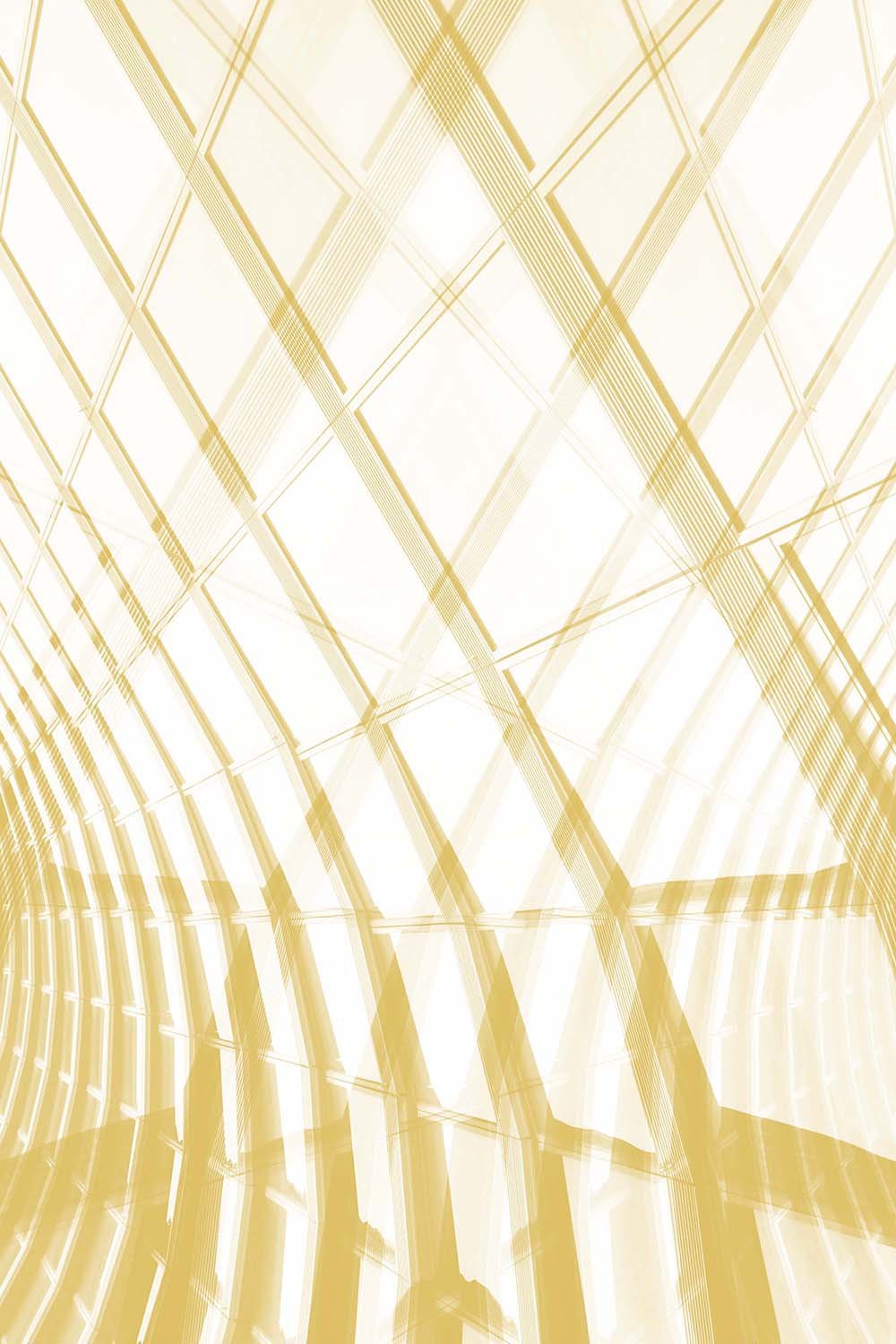 Abstract architectural interior with golden lines and geometric patterns.