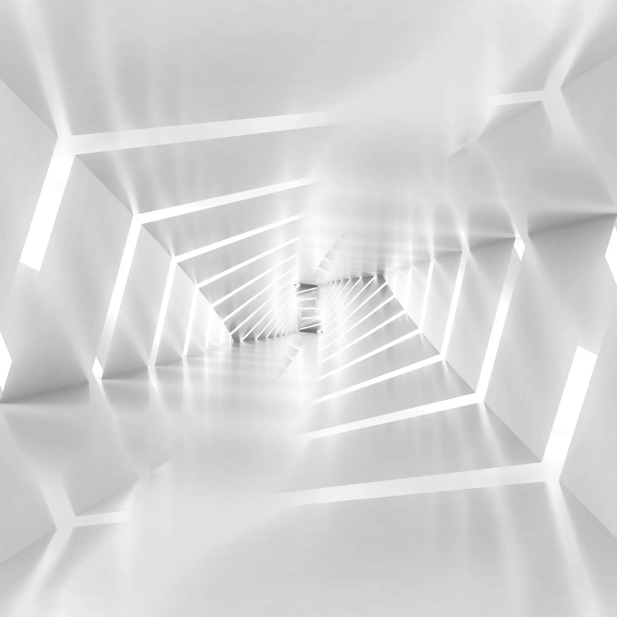 Futuristic white corridor with geometric hexagonal patterns and bright lighting.