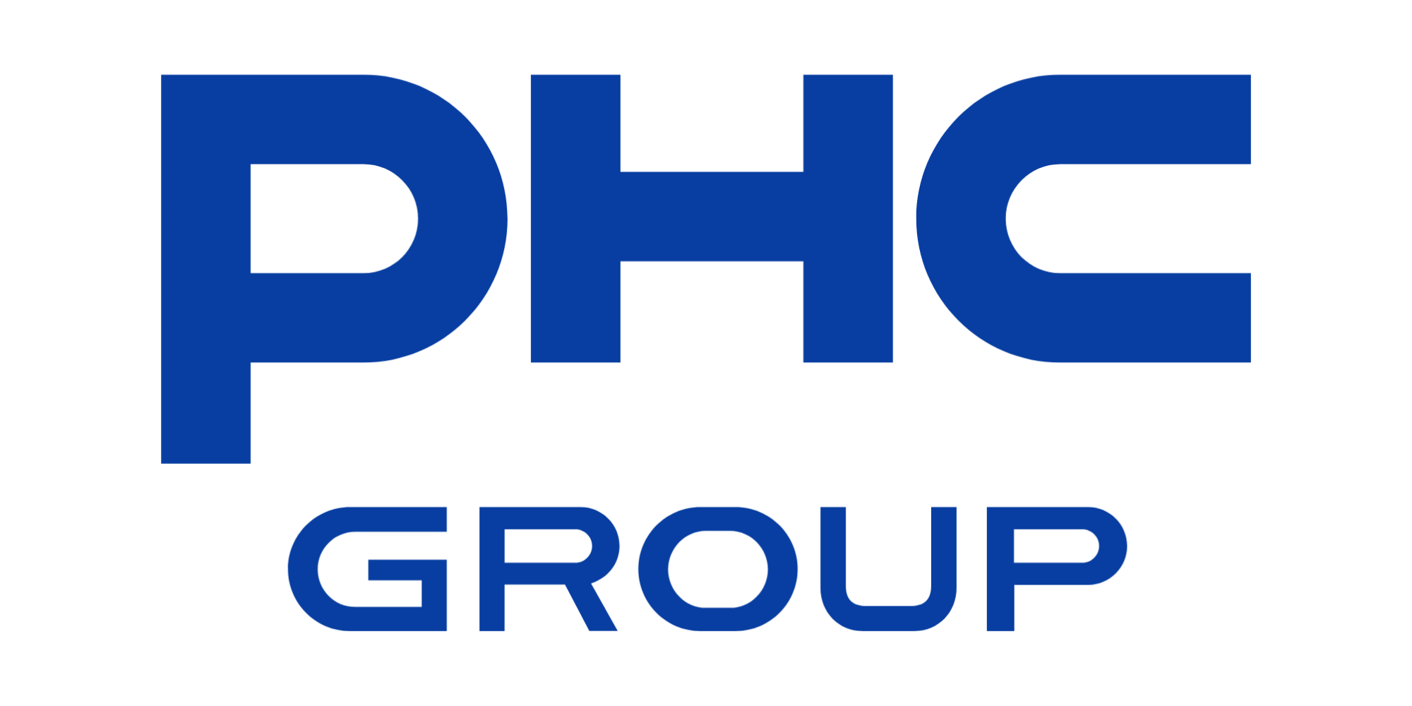Blue text with the words "PHC GROUP" on a black background.