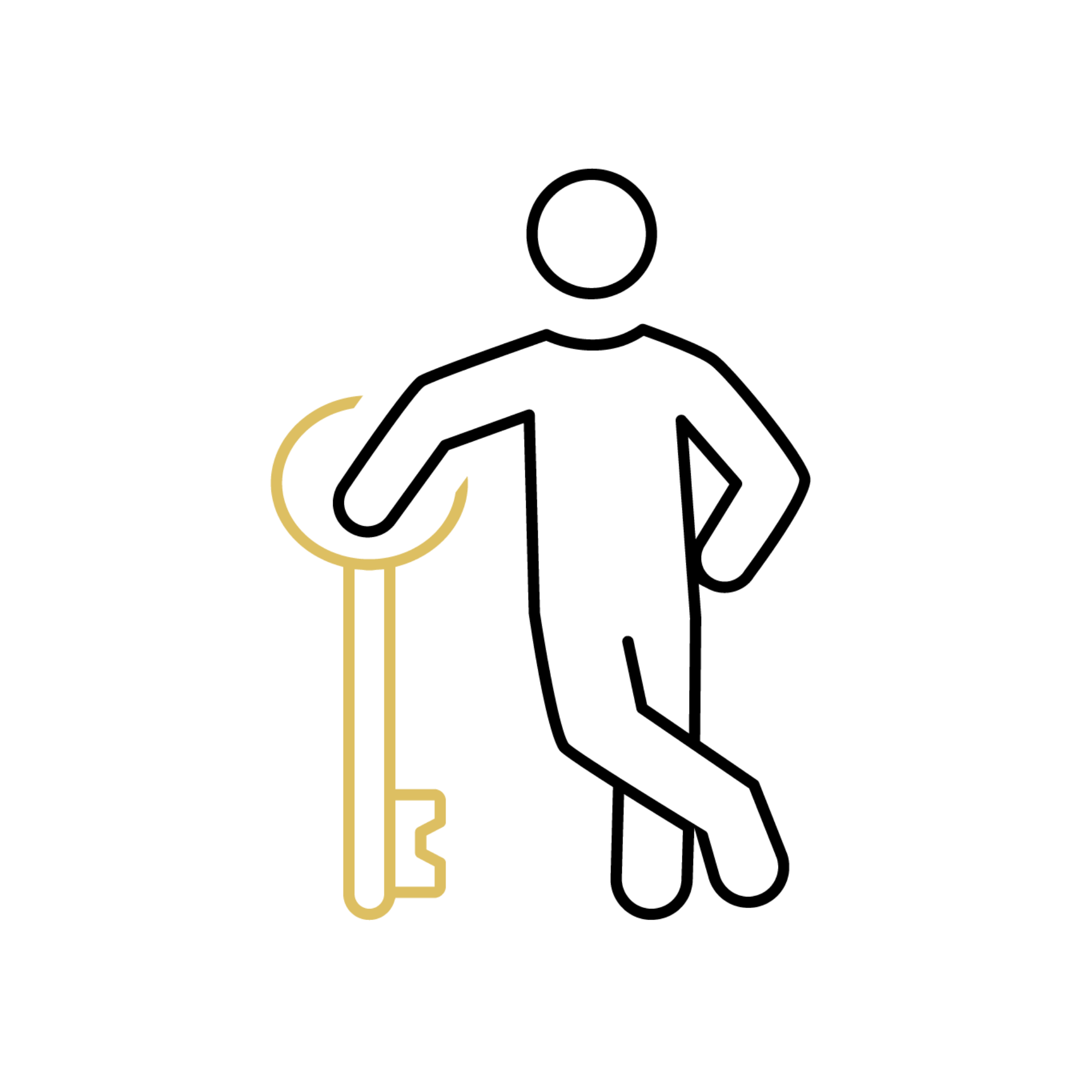Line art illustration of a vintage key with a crescent moon shape on top, in gold color on a black background.