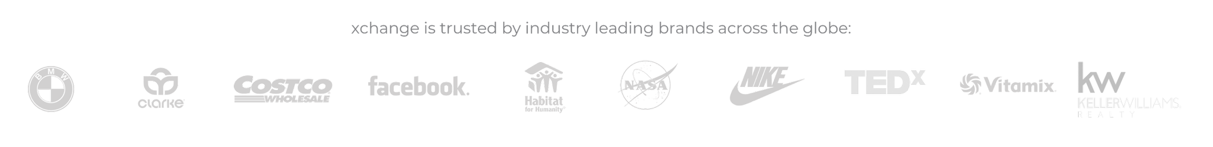Logos of various industry-leading brands including Dun & Bradstreet, Clune, Costco Wholesale, Facebook, Habitat for Humanity, NASA, Nike, TEDx, Vitamix, and Keller Williams Realty, displayed against a dark background.