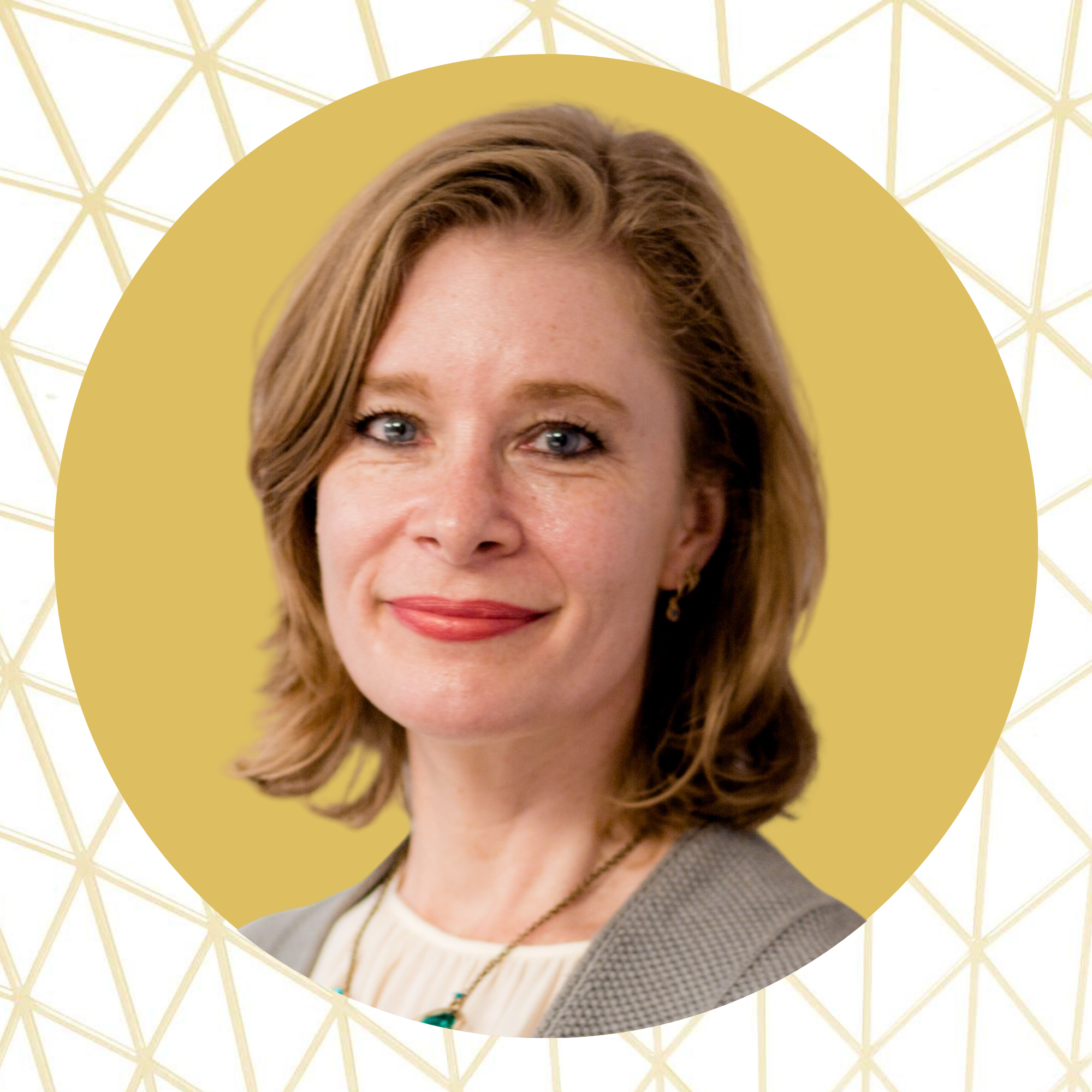 A woman with shoulder-length light brown hair, fair skin, wearing a gray blazer and a white blouse, smiling against a yellow circular background with a geometric pattern.