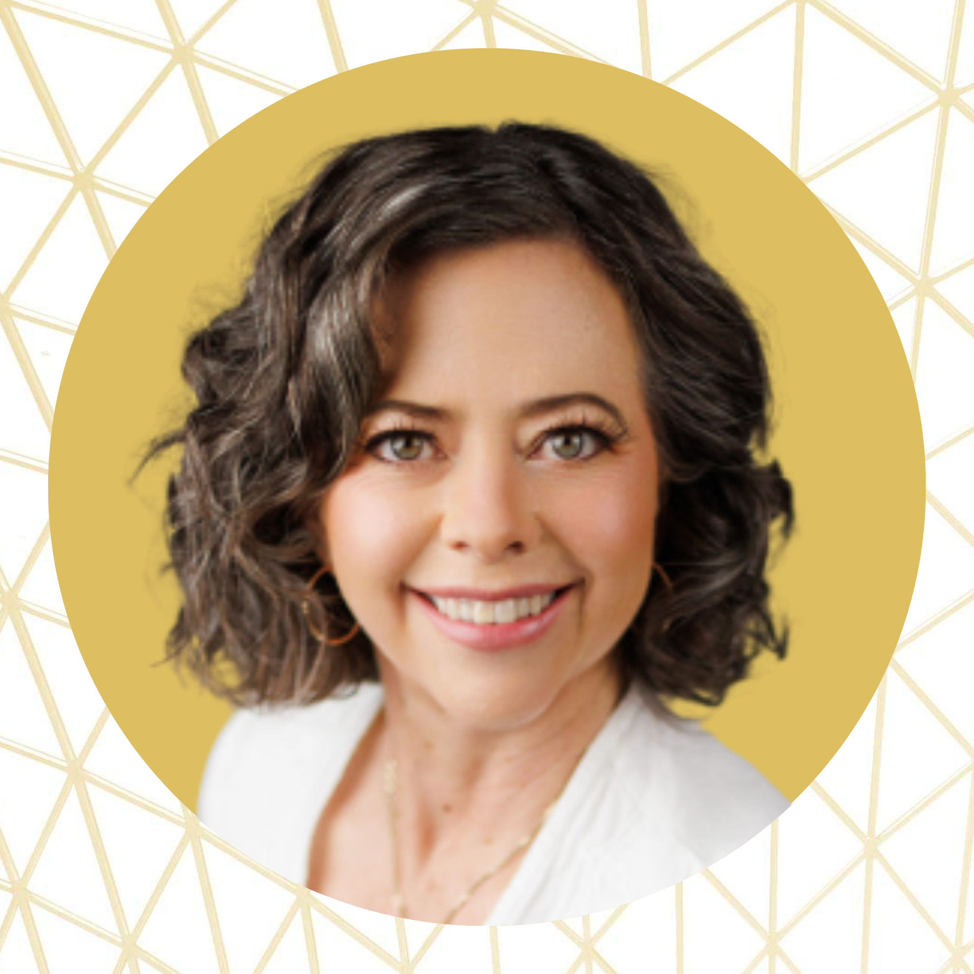 A smiling woman with shoulder-length curly brown hair, wearing a white top and gold necklace, against a yellow circular background with a white and gold geometric pattern.