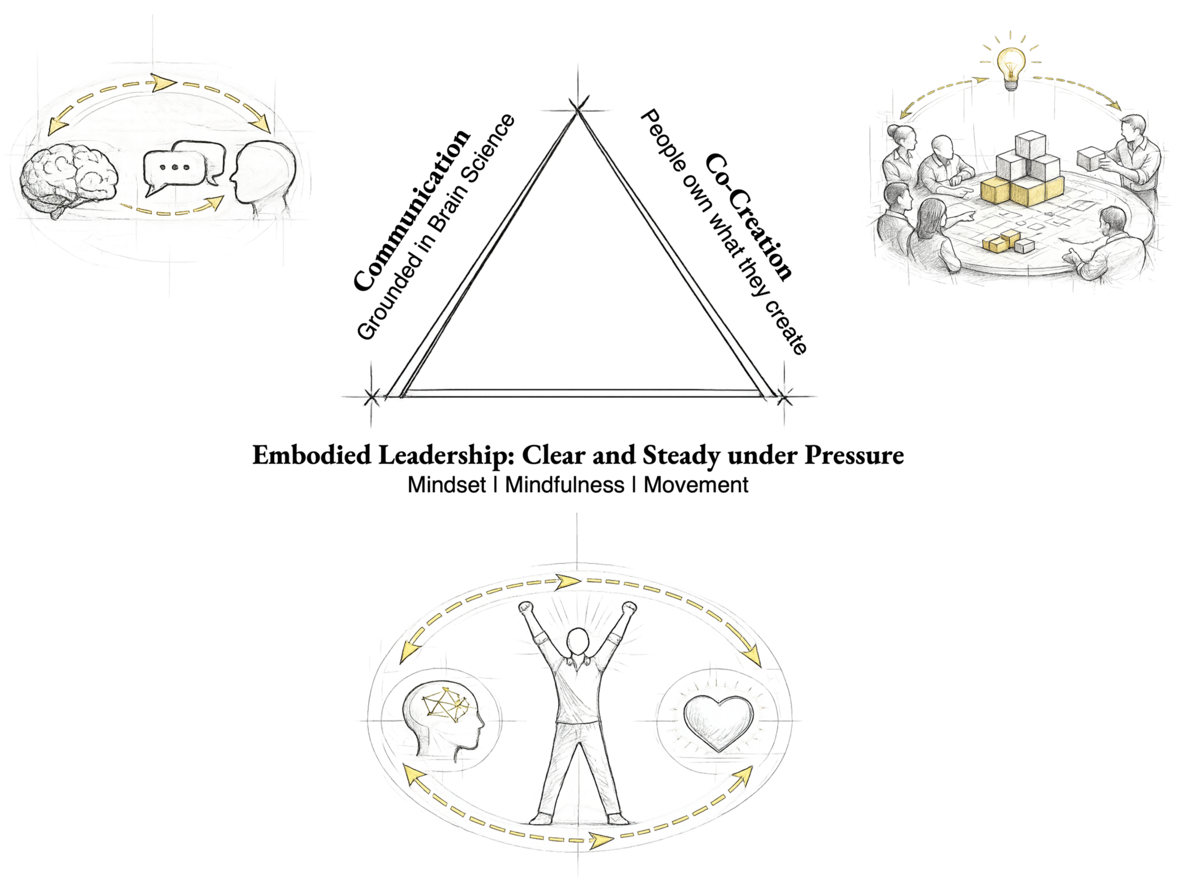 Hand-drawn triangle. Foundation: a figure between a mind and a heart, embodied leadership. Top left: a brain and head with speech bubbles, communication. Top right: a group building with blocks, co-creation. Two practices rising from one foundation.