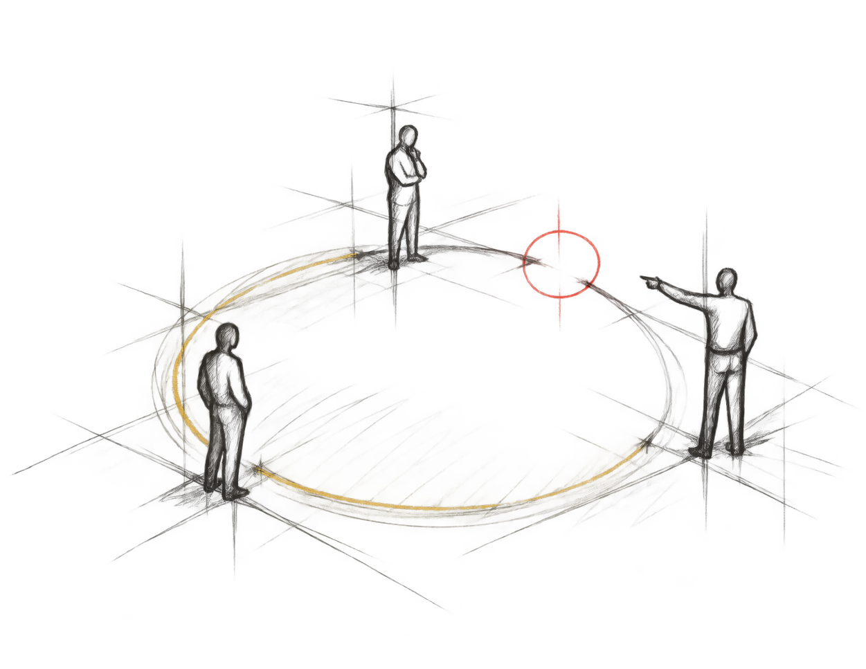 Three colleagues stand around a feedback loop with a missing connection, illustrating the need for clear ownership and reinforcement after launch.