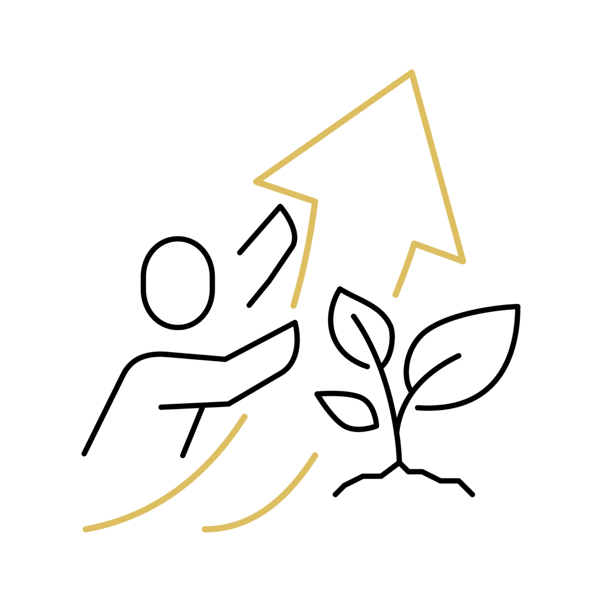 Outline of a hand with two upward-trending arrows, one large above the hand and one smaller in the hand, symbolizing growth or progress.