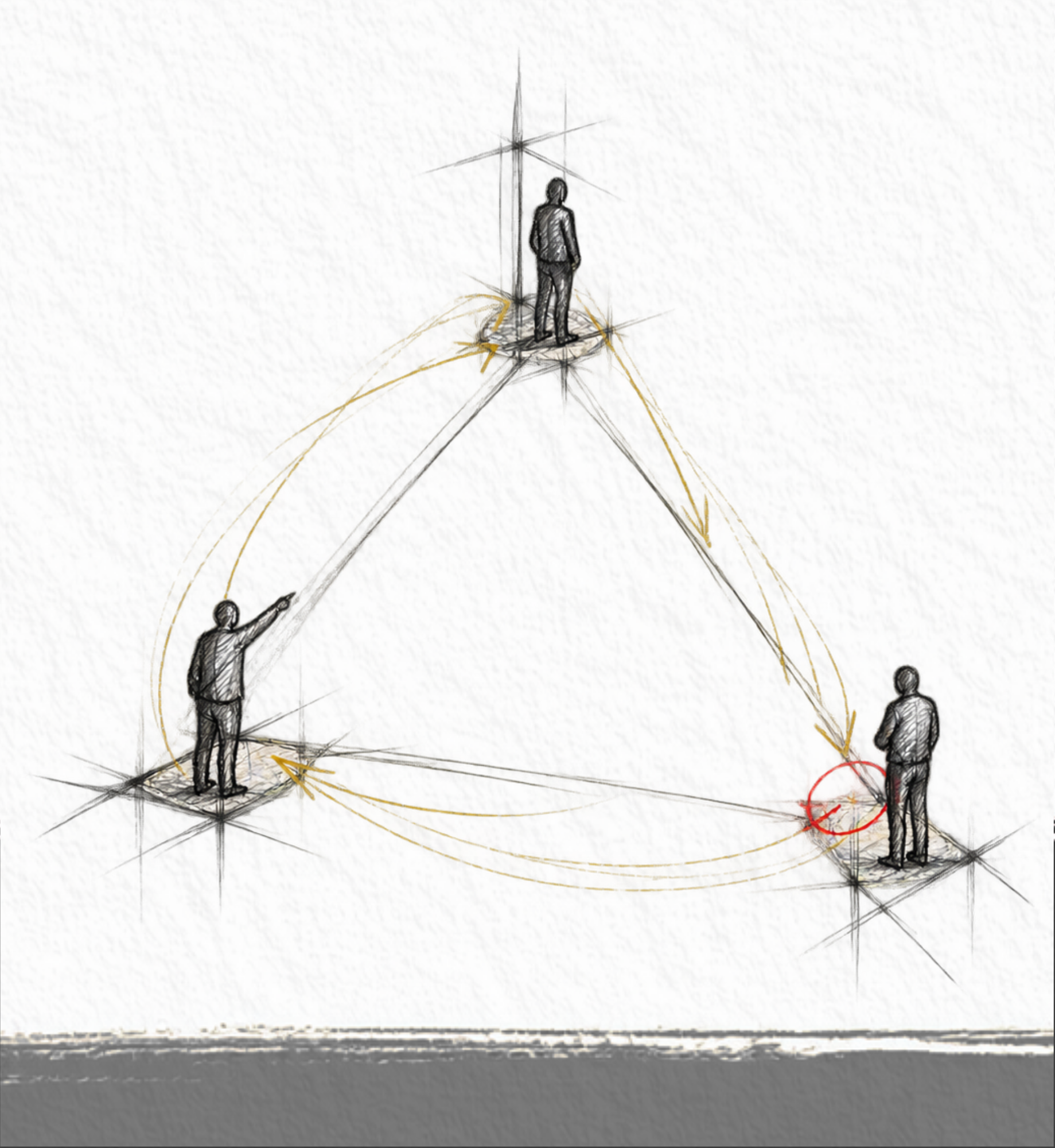 Three people are connected by a continuous triangular feedback loop, illustrating shared accountability and reinforcement that sustain new ways of working.