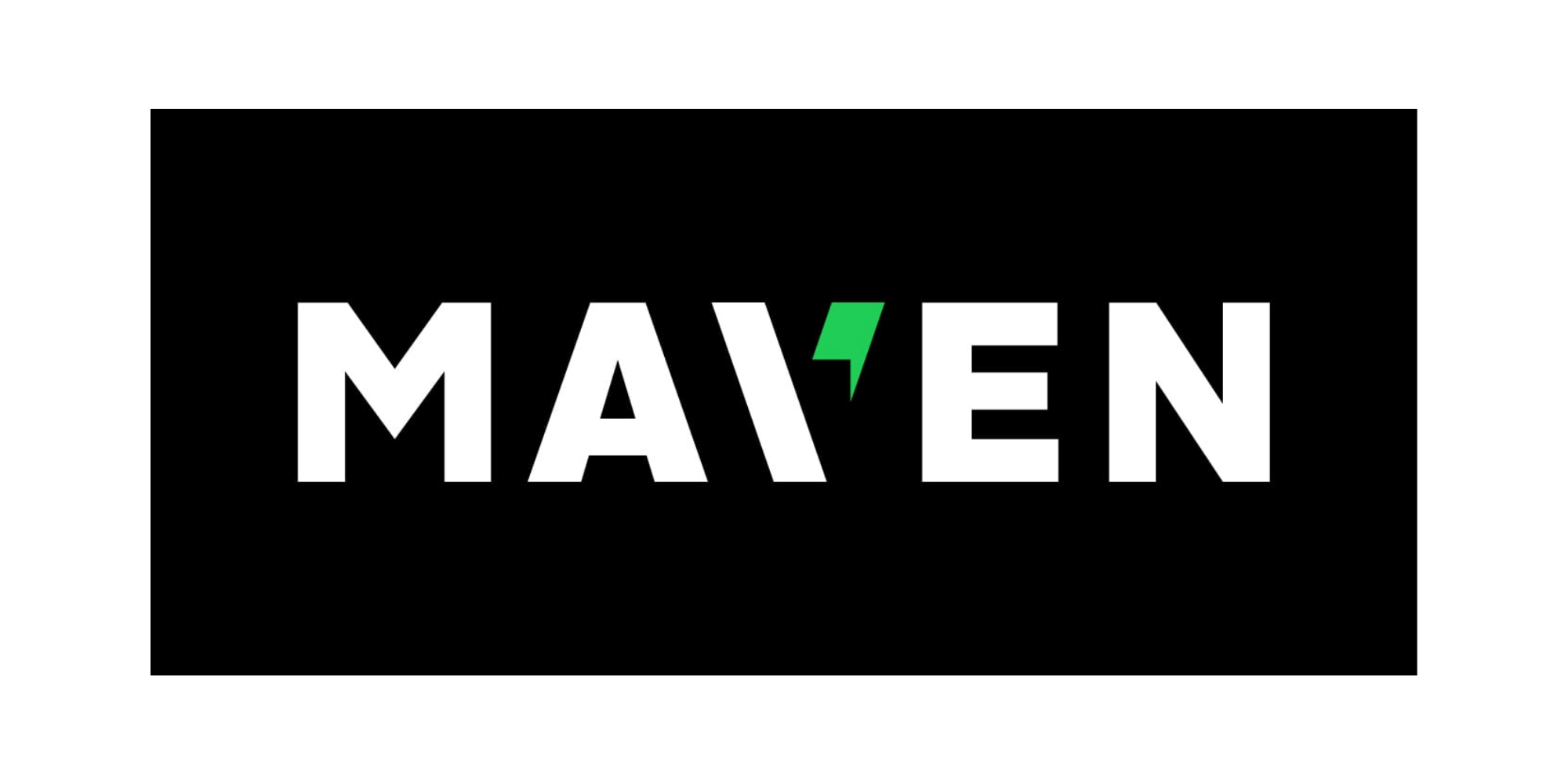 The image features the word 'MAVEN' in bold white letters on a black background, with a green lightning bolt symbol replacing the apostrophe.
