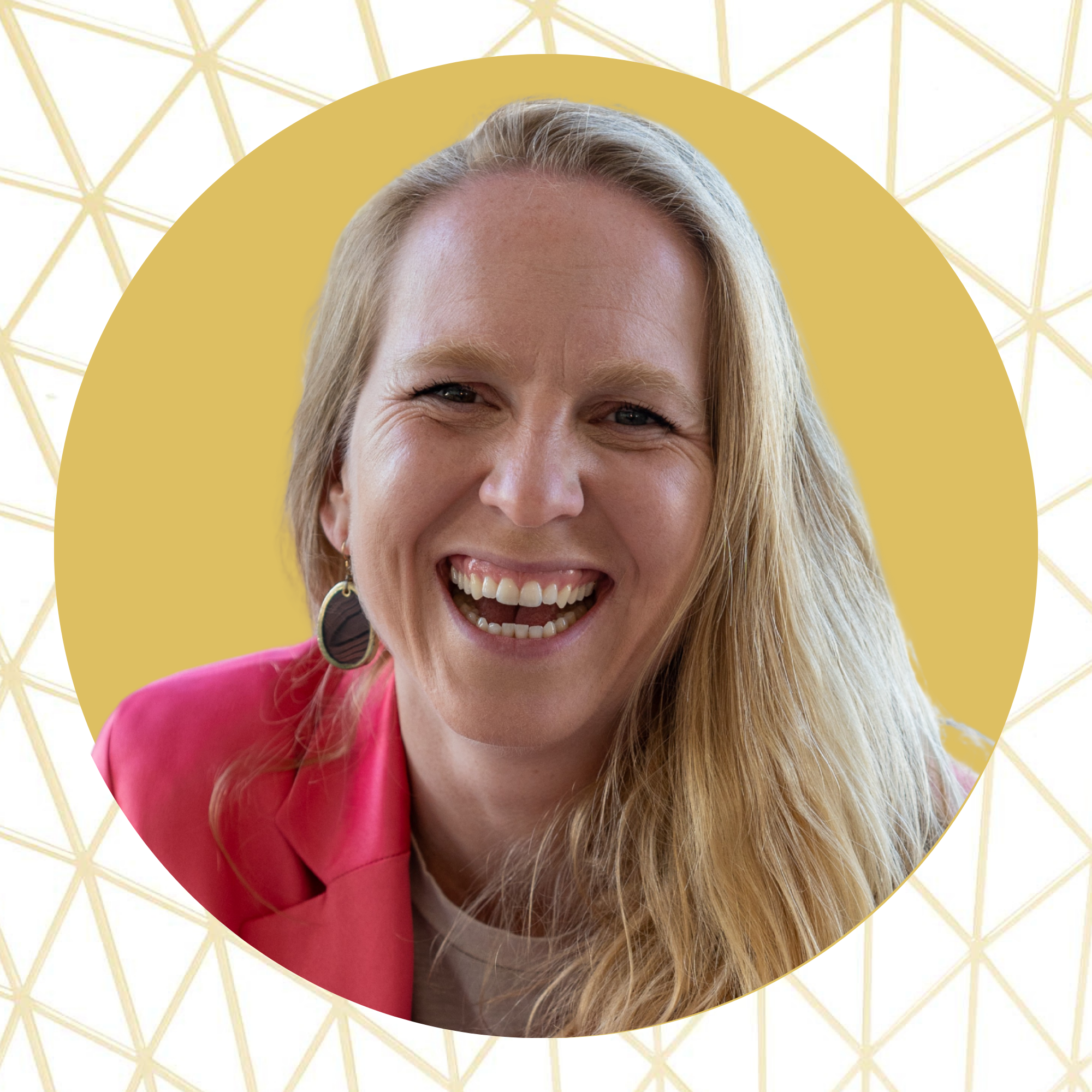 A woman with long blonde hair smiling and showing teeth, wearing a pink blazer and earrings, backdrop with a yellow circle and a geometric gold pattern.