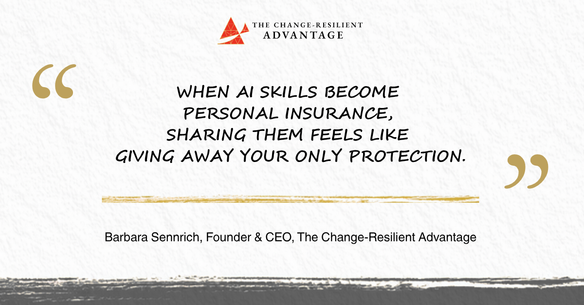 Pull quote graphic on a textured off-white background with gold quotation marks. Text reads: When an AI skill becomes personal insurance, sharing it feels like giving away your only protection