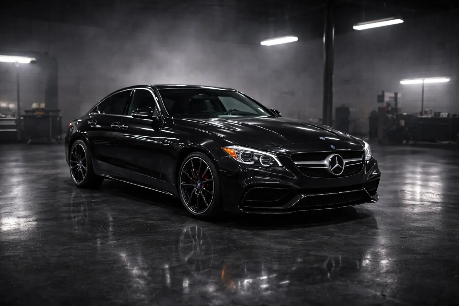 A black Mercedes-Benz sedan parked inside a dimly lit industrial warehouse with a wet shiny floor.