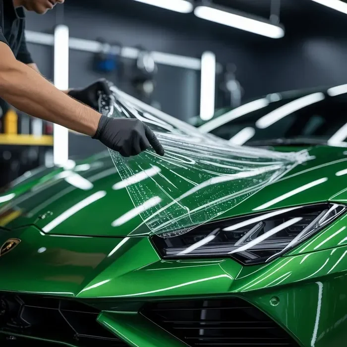Person applying a protective clear film to the hood of a green sports car in a garage or workshop.
