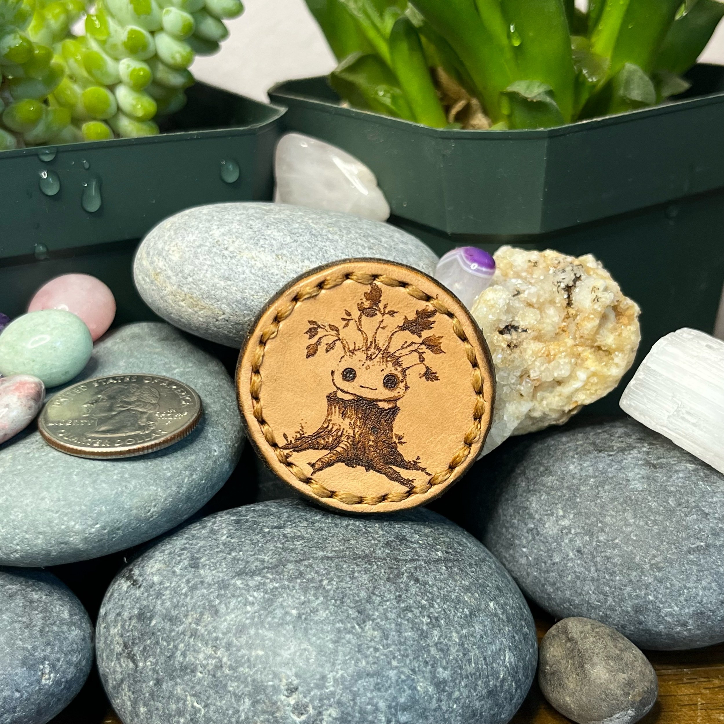 Tree Forest Creature (green stitching) - Leather Magnet