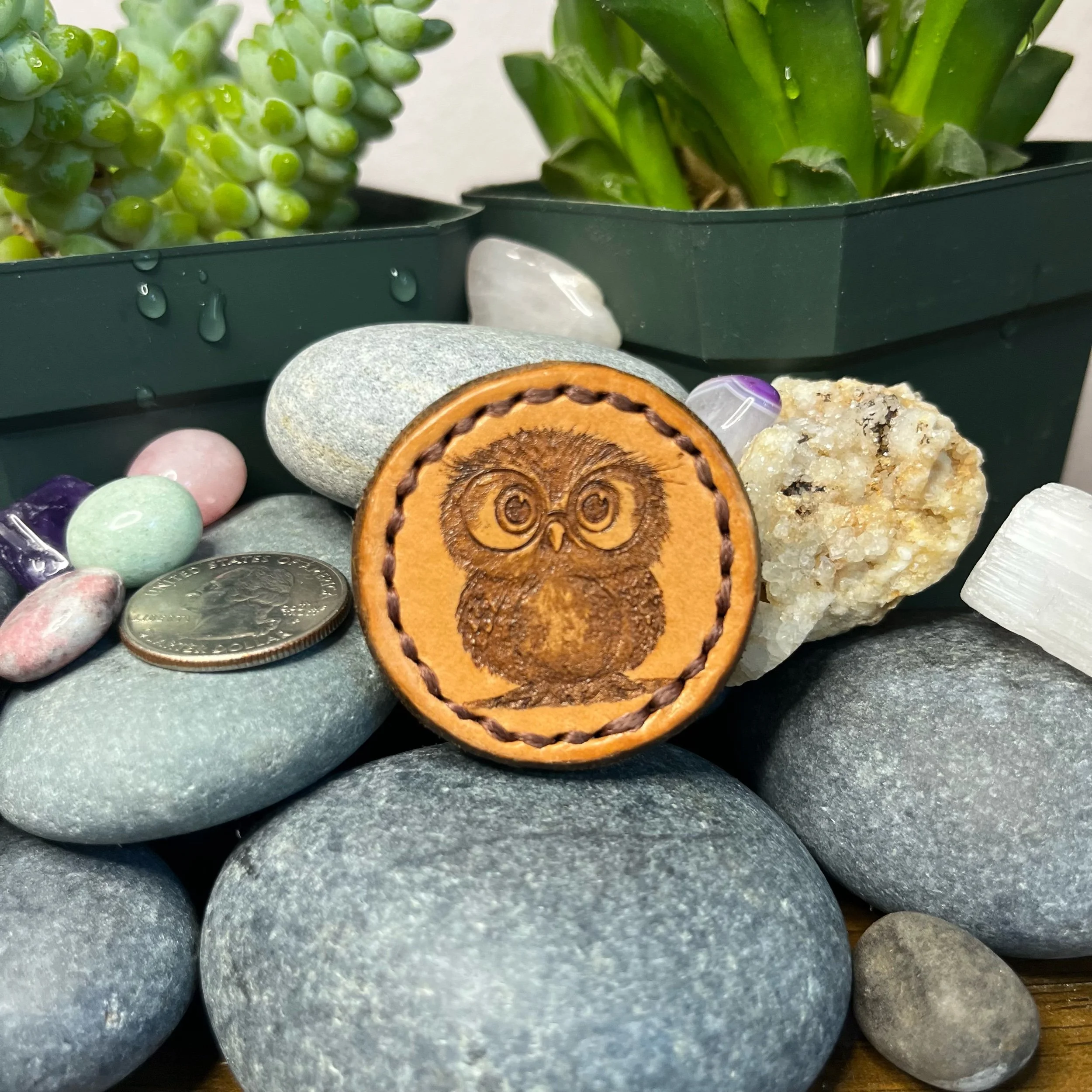 Owl (white stitching) - Leather Magnet