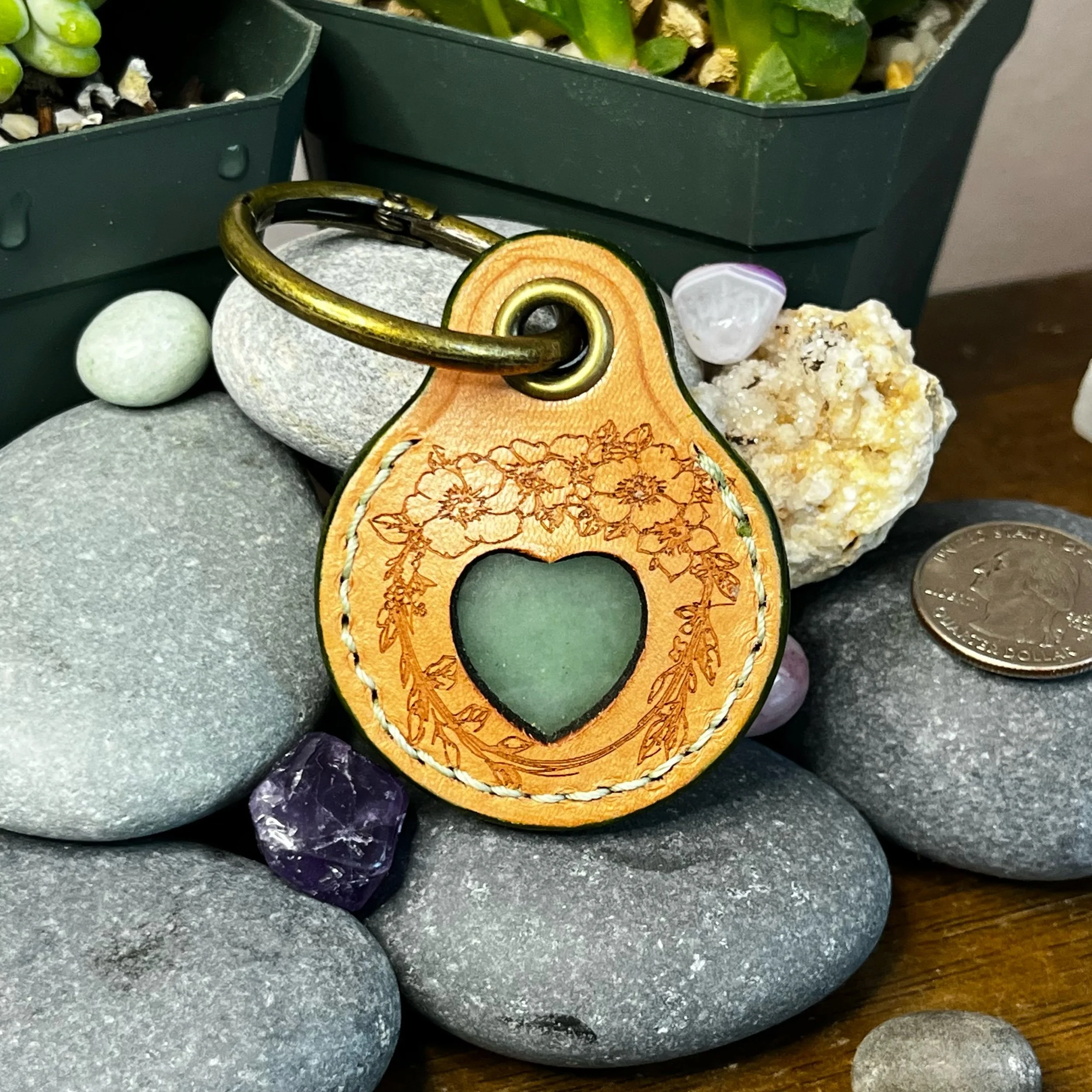 Floral Wreath - Crystal Heart Keychain - Light Green