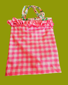 Pink Gingham Tote Bag with Floral Strap