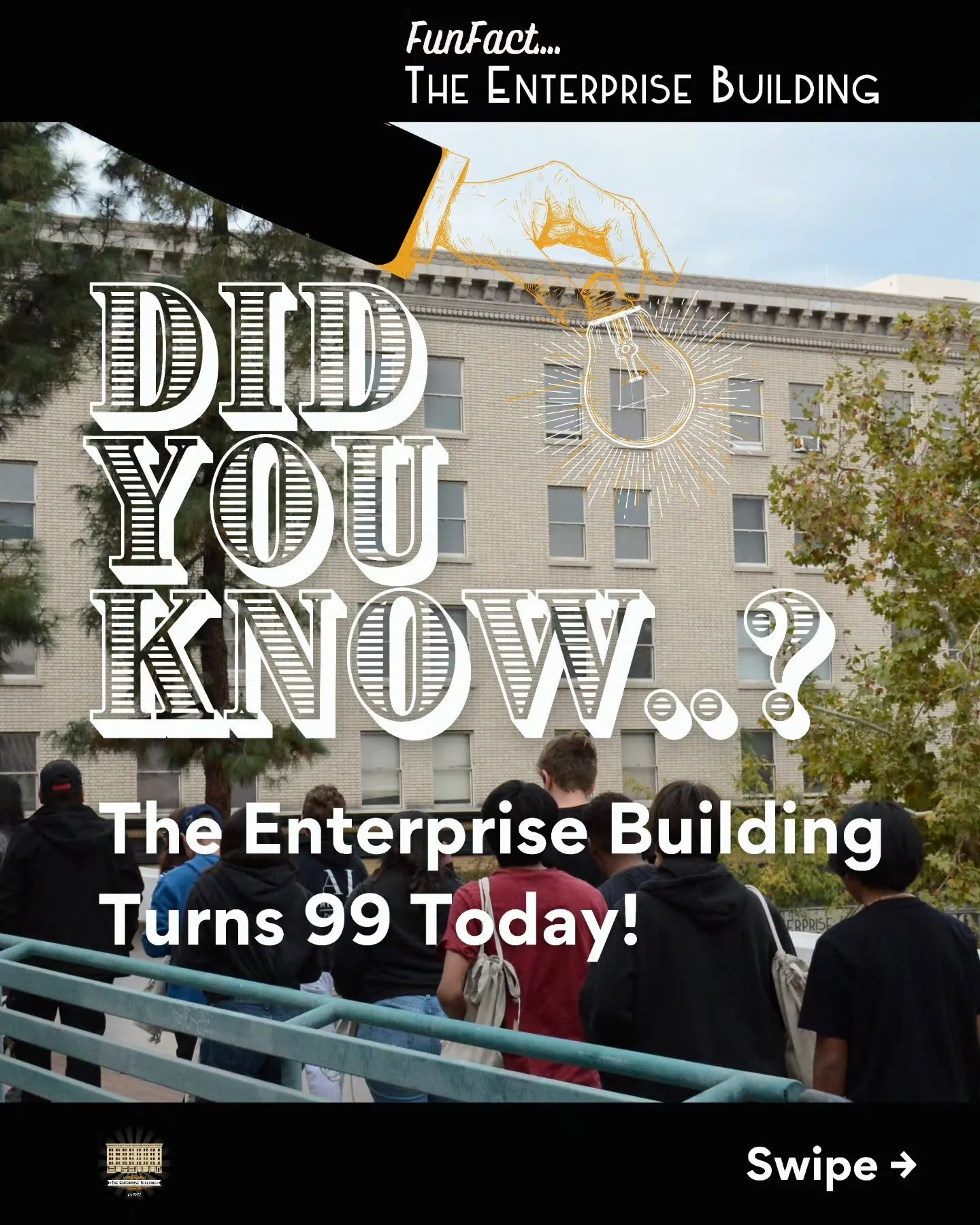 99 Years of the Enterprise Building!

Stay tuned for next year as we celebrate a century of innovation, entrepreneurship, architecture, and community in the heart of San Bernardino.

What is your favorite memory of the Enterprise Building? Let us kno