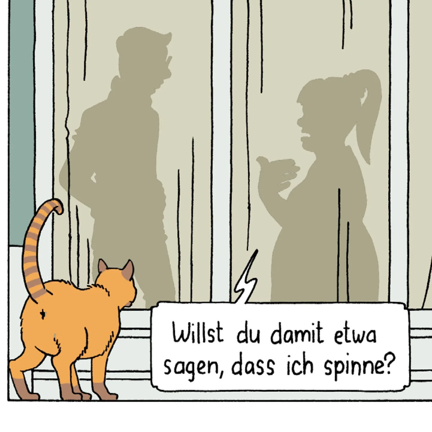 Excerpt from page 1 of my short comic &quot;Seltsame Dinge&quot;. The story takes place entirely in the backyard of Warmb&auml;chli, a new housing development in Bern. It follows various residents and their different perspectives. In this scene, a ca