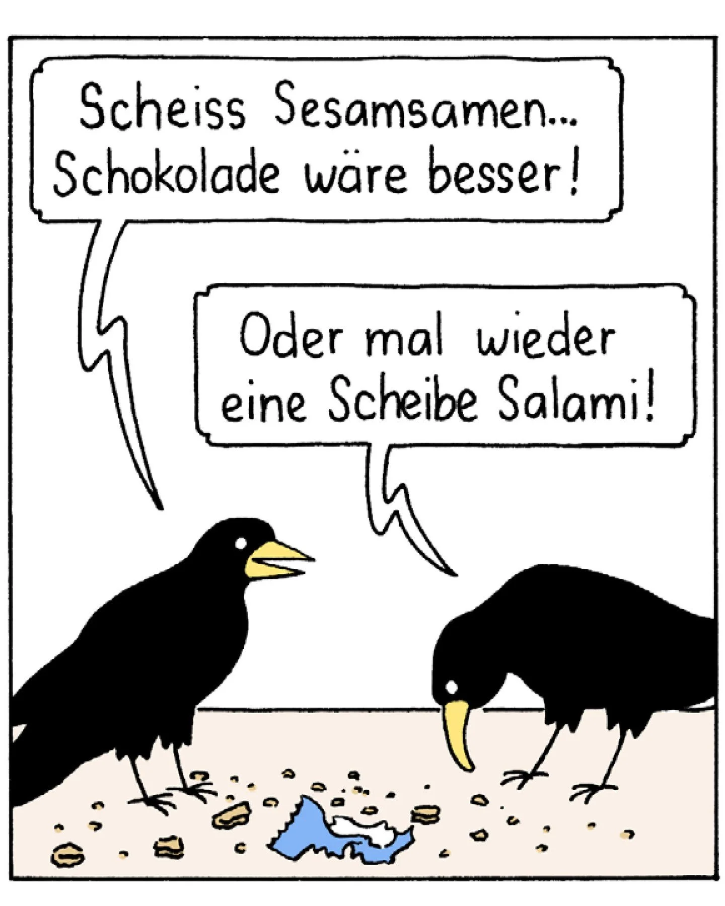 Excerpt from page 2 of my short comic Seltsame Dinge. The story takes place entirely in the backyard of Warmb&auml;chli, a new housing development in Bern. It follows various residents and their different perspectives. In this scene, two crows chat a