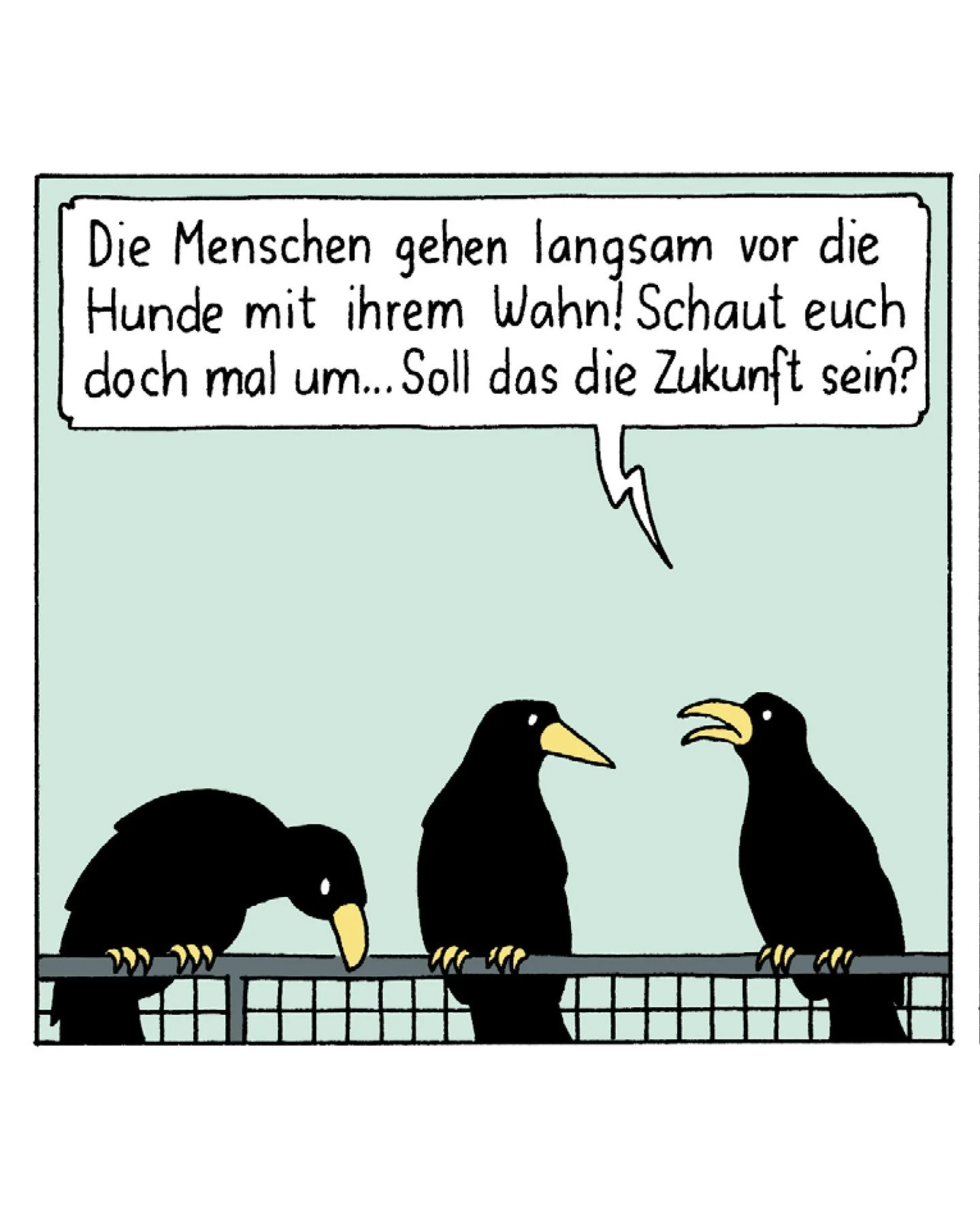 Excerpt from page 3 of my short comic Seltsame Dinge. The story takes place entirely in the backyard of Warmb&auml;chli, a new housing development in Bern. It follows various residents and their different perspectives. Here, the crows reminisce about