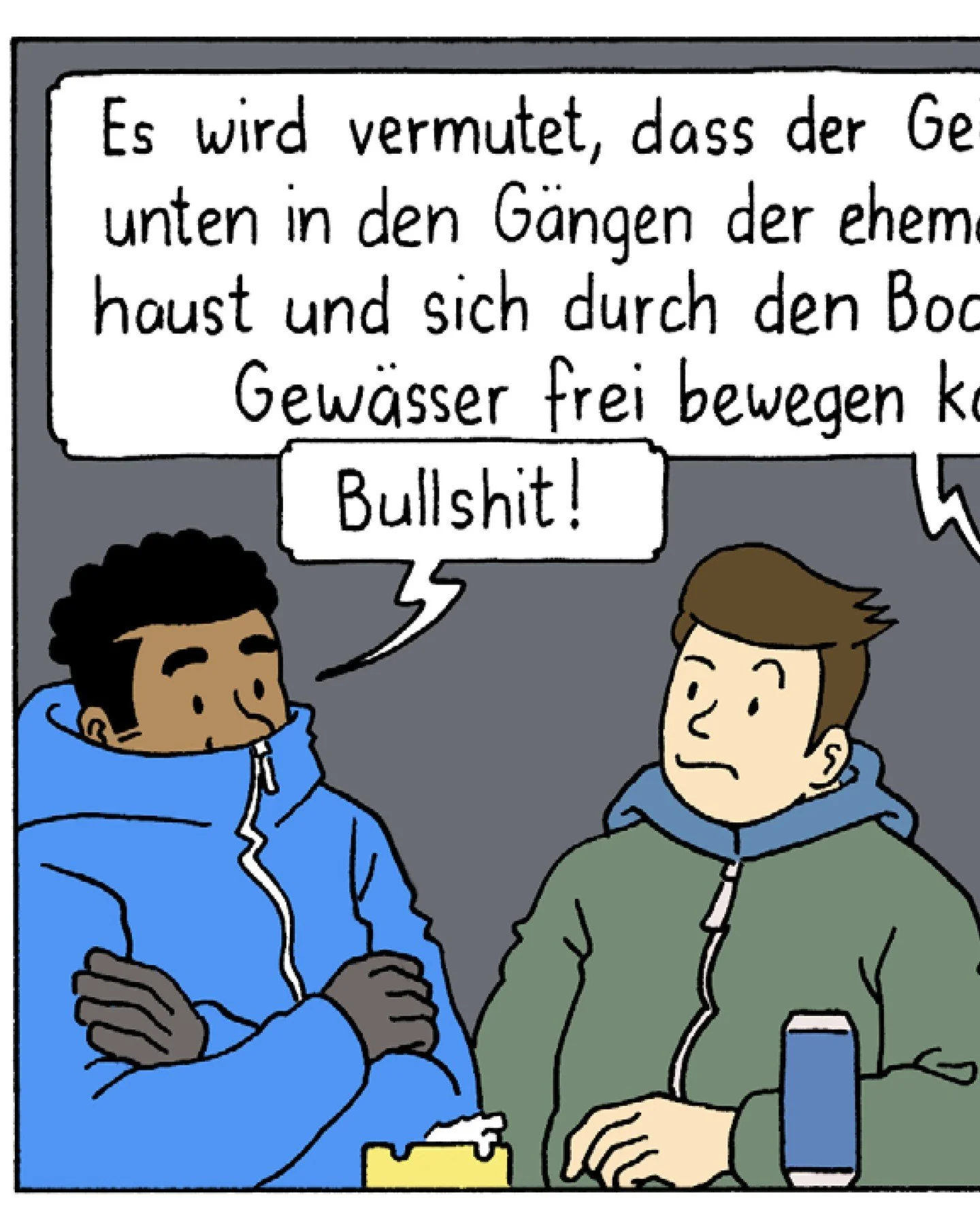 Excerpt from page 5 of my short comic Seltsame Dinge. The story takes place entirely in the backyard of Warmb&auml;chli, a new housing development in Bern. It follows various residents and their different perspectives. Here, a group of teenagers hang