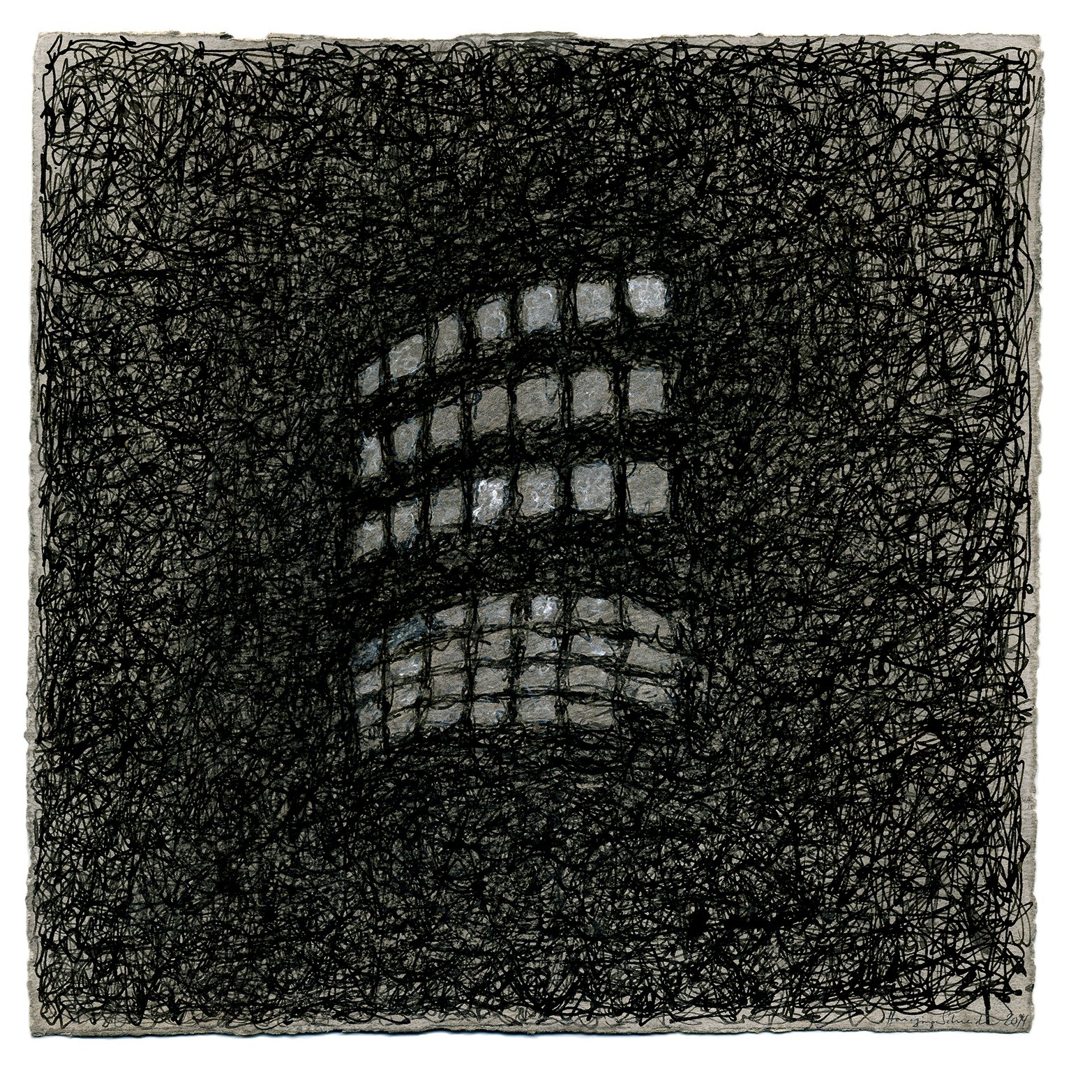 Interwoven No 12, lavierte Federzeichnung, grundierte Graupappe, 2014