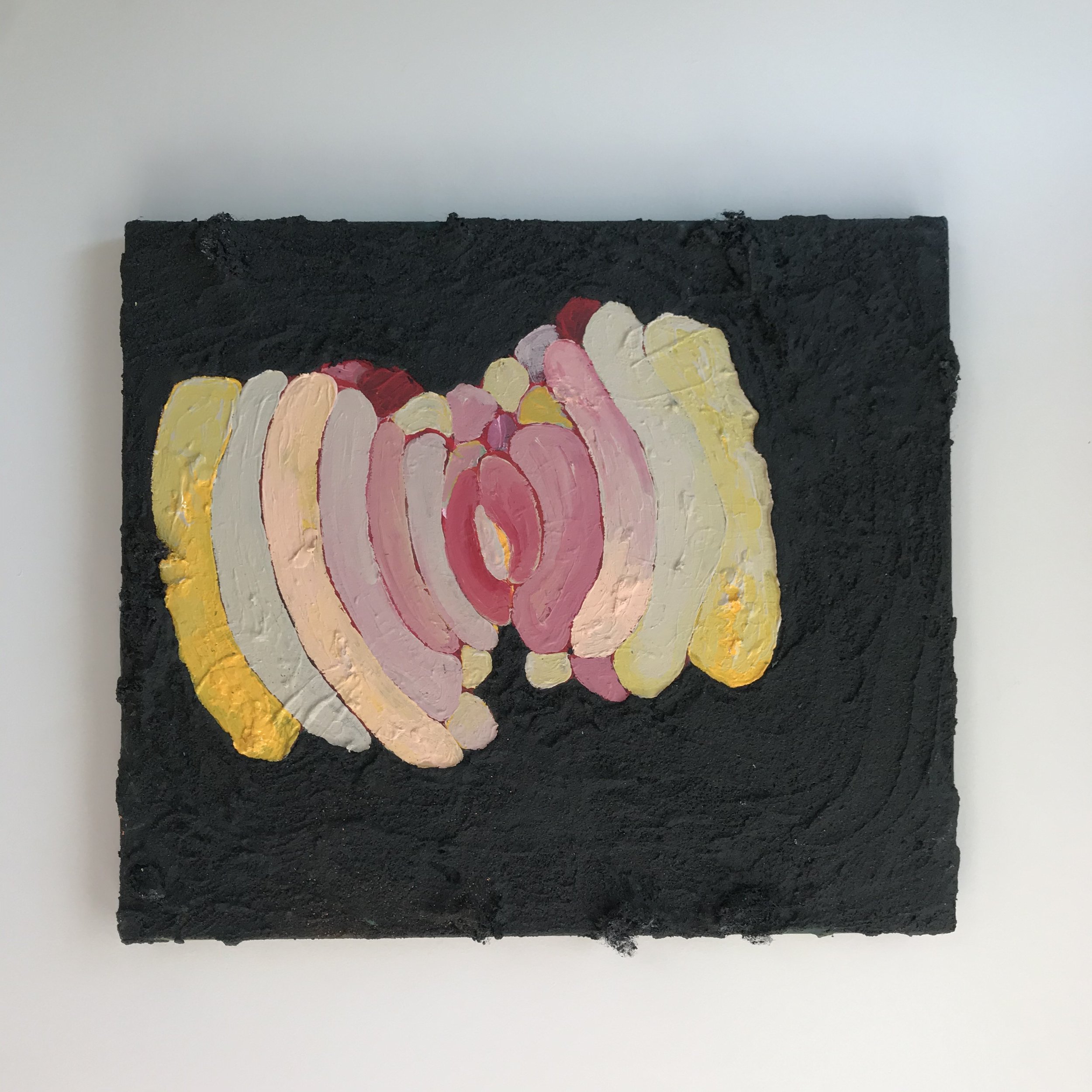 acrylic and spray paint and dirt on stretched canvas