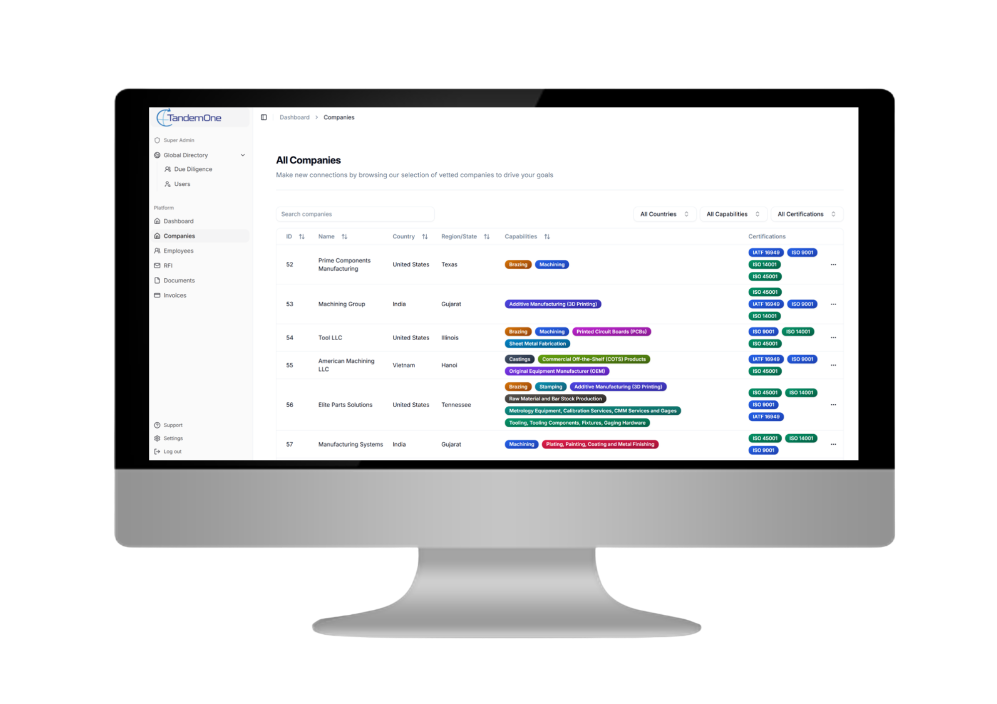 Computer screen displaying a dashboard with a list of companies, their countries, regions, capabilities, and certifications; sidebar menu includes options like dashboard, companies, employees, RFI, documents, invoices, support, settings, and log out.