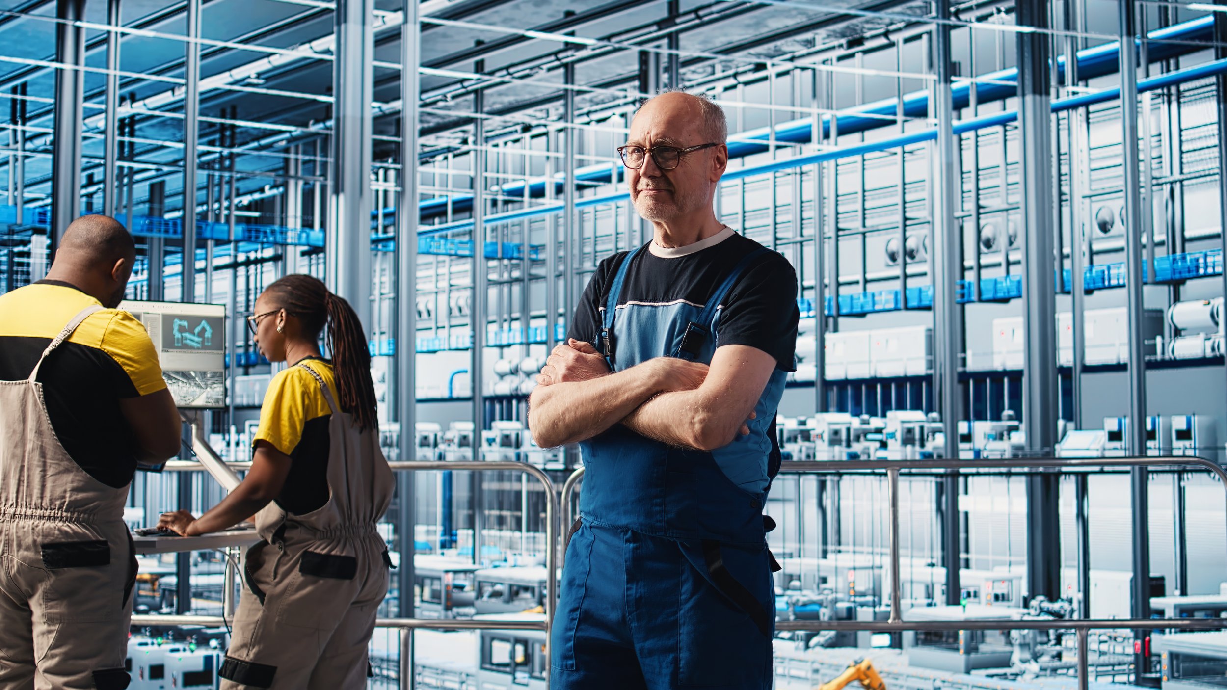 A man with glasses and a beard wearing blue overalls stands with arms crossed in a tech manufacturing facility with workers and machinery in the background.