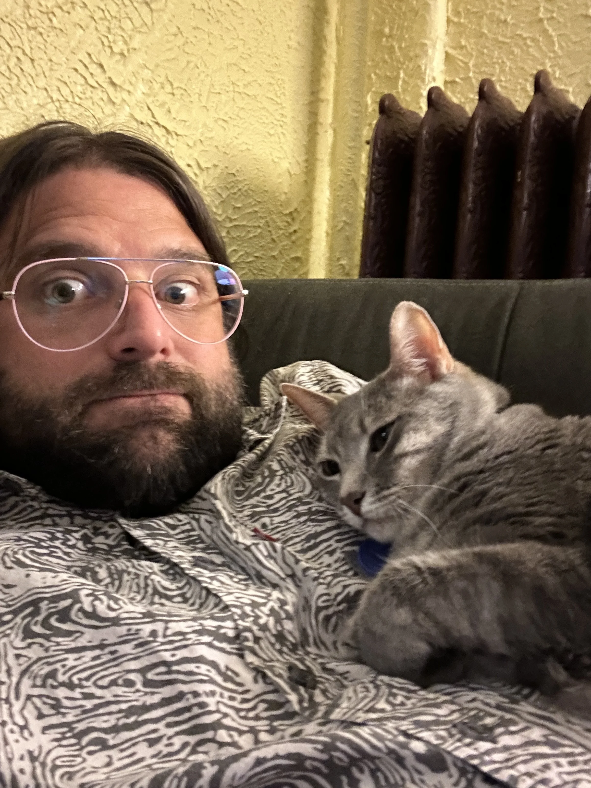 A man with glasses and a beard lying on a couch with a gray tabby cat resting next to him.