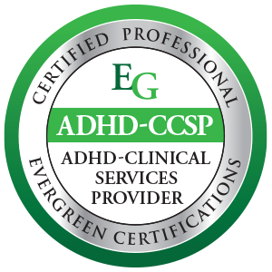 Badge with green and silver design, labeled for ADHD-CCSP certified professional in ADHD clinical services.