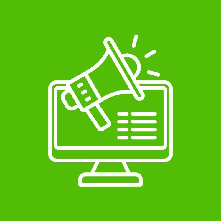 Icon of a computer monitor with a megaphone and lines of text, on a green background, representing digital marketing or online announcement.