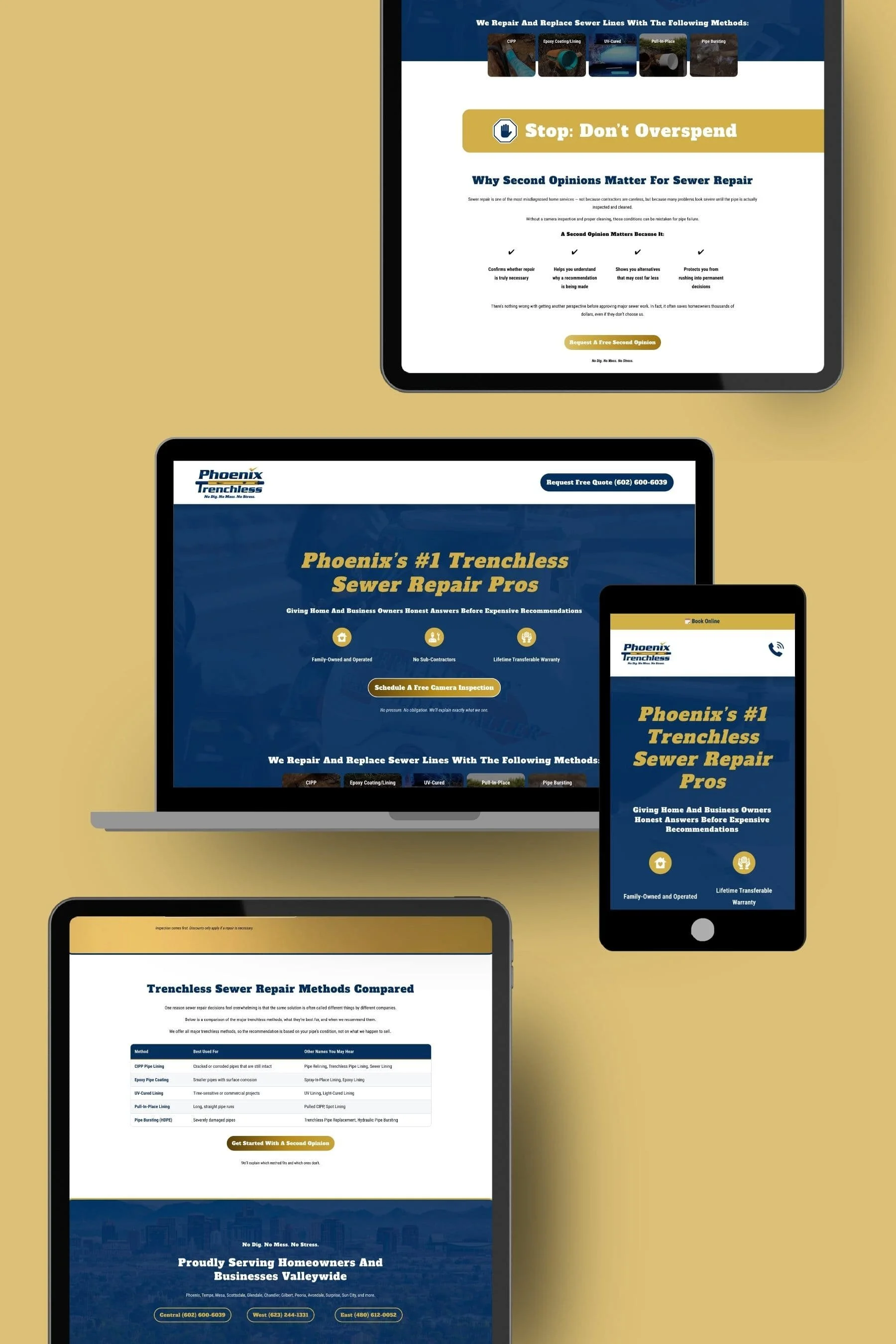 Multiple electronic devices displaying a website about trenchless sewer repair, including a smartphone, tablet, and two laptops, with a yellow background.