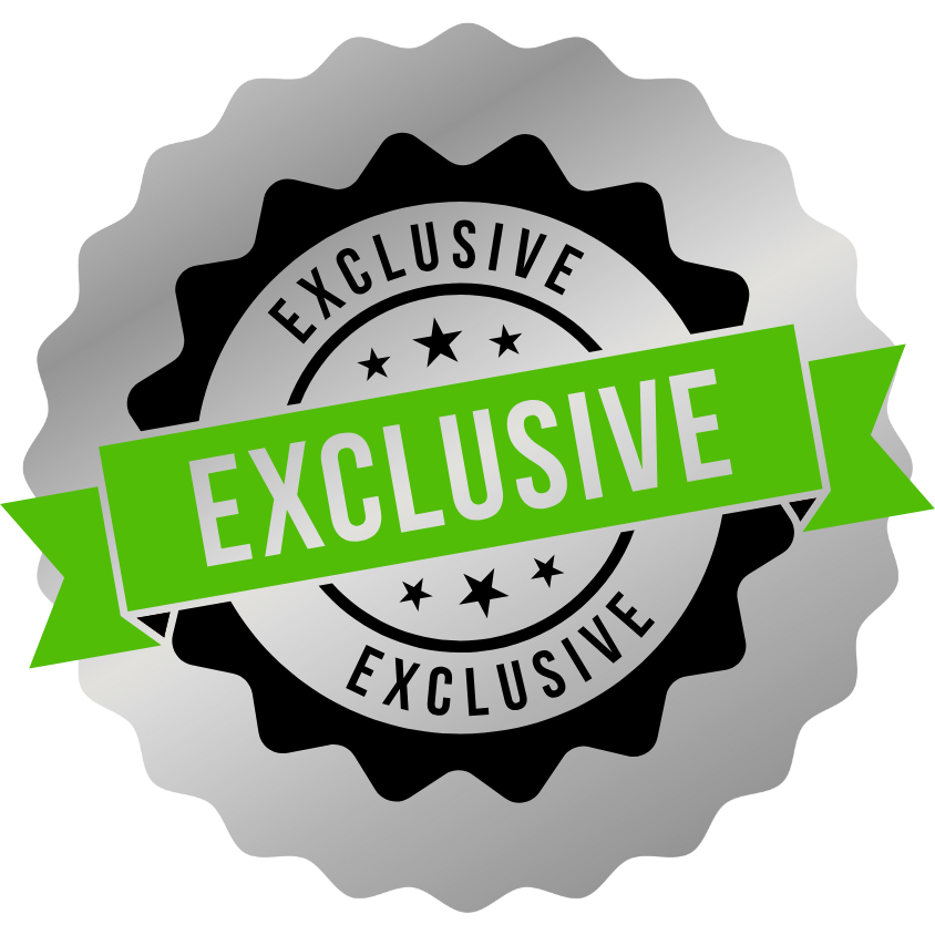 A silver badge with a black center, featuring the word 'EXCLUSIVE' in white on a green ribbon across the middle, and surrounded by stars.