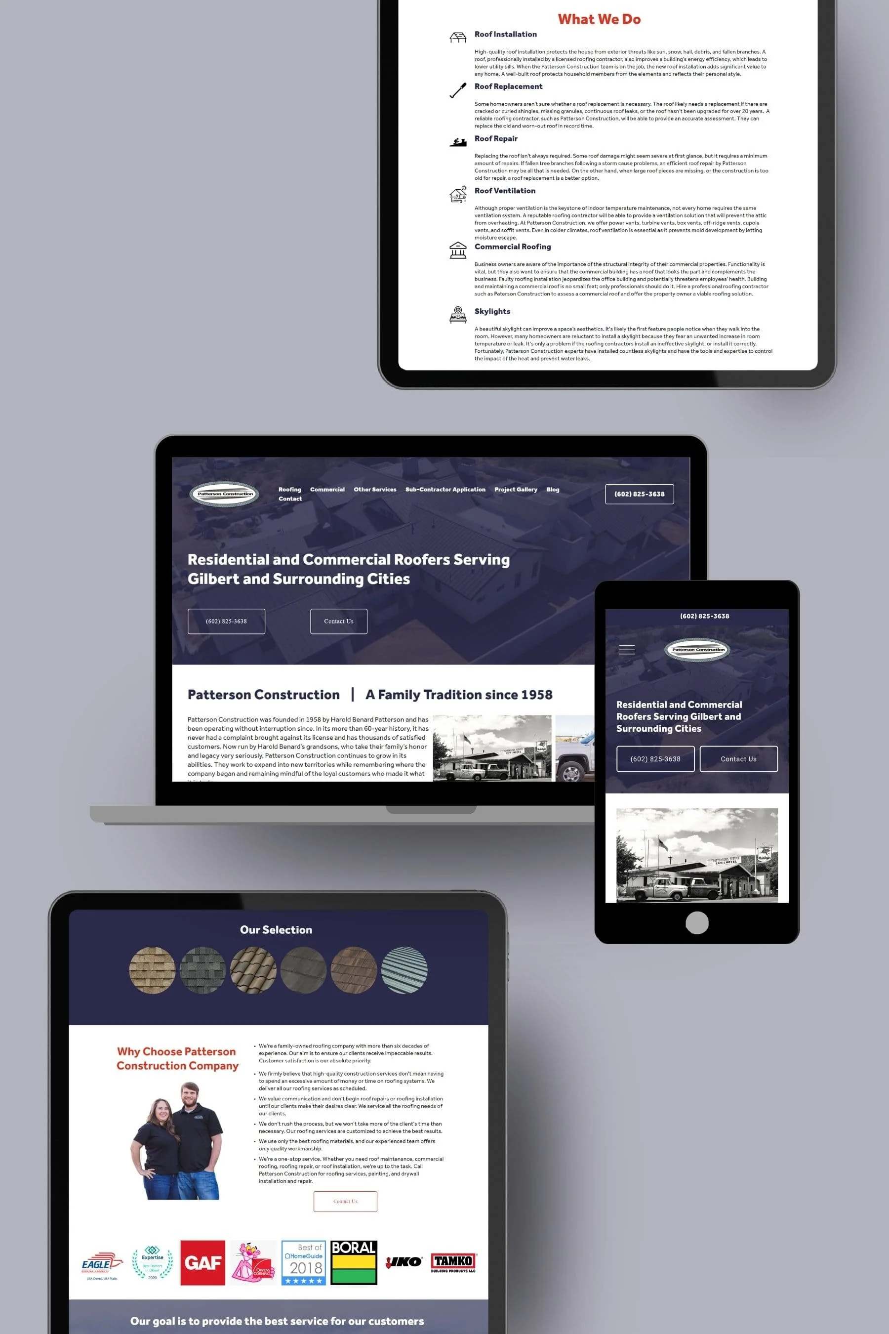 Screenshots of a construction company's website displayed on various devices including a tablet, a laptop, and a smartphone. The website features roofing services, company information, and contact details.