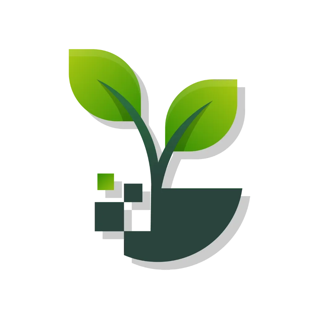 Digital illustration of a leaf sprouting from a dark, pixelated hand with green accents.