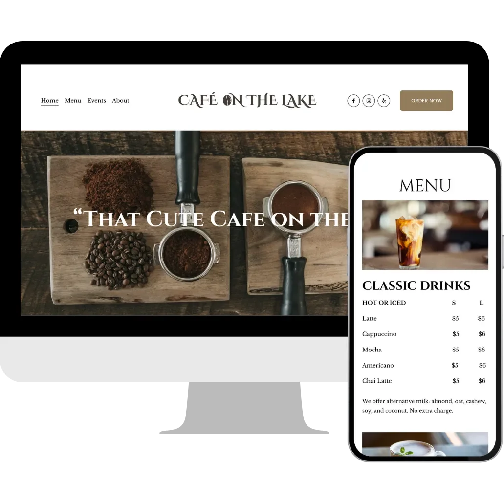 Website homepage and mobile menu for Cafe on the Lake, showcasing coffee drinks and a photo of hot and iced coffee with coffee beans on a wooden board.