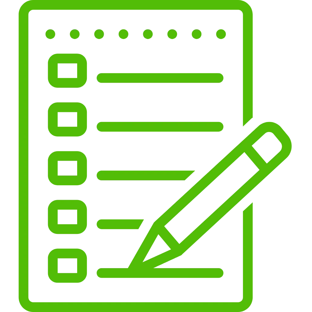 A checklist with five items and a pen marked with a green check on the last item, all outlined in bright green.