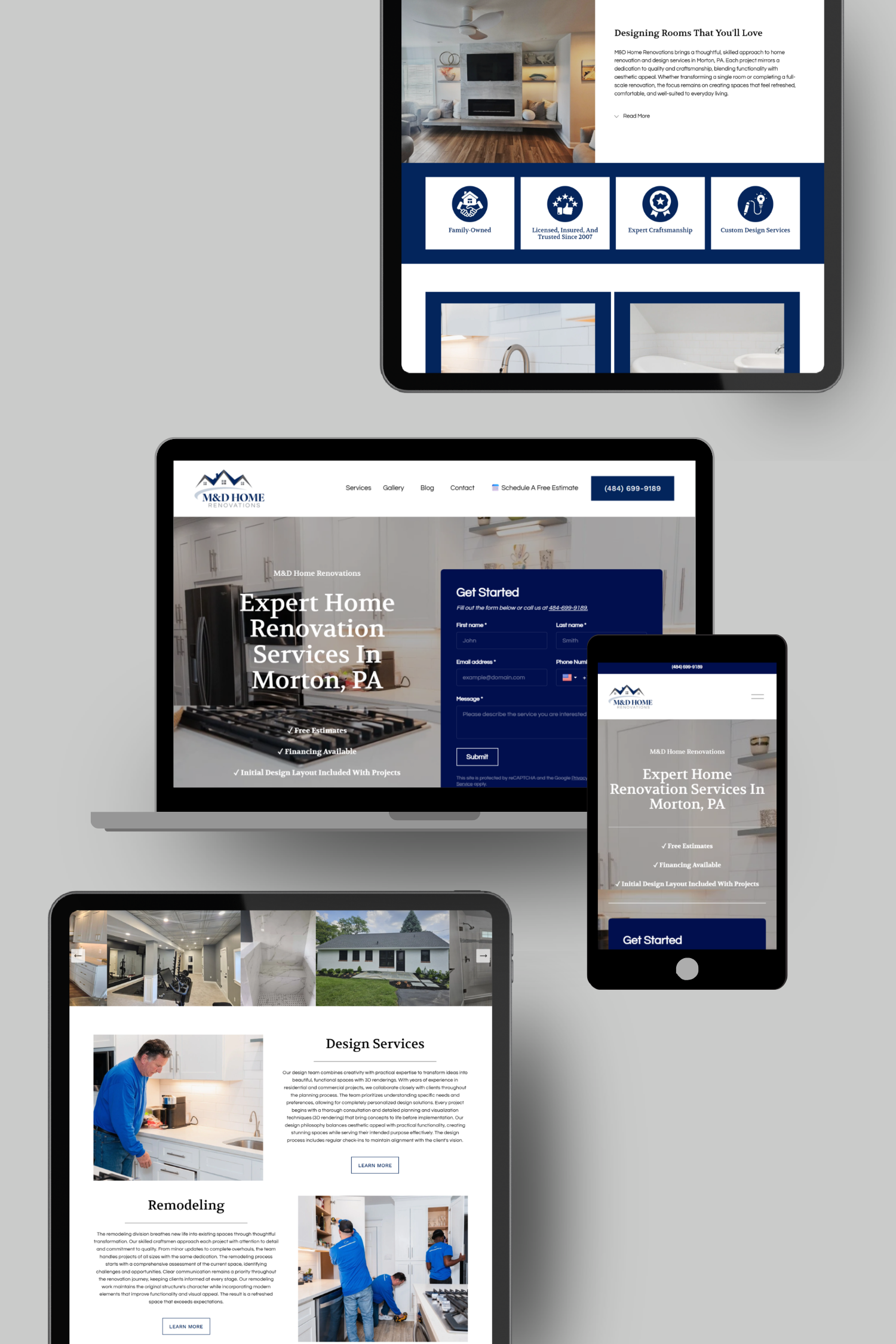 Screenshots of a home renovation website displayed on tablets and a laptop, showing services and contact information.