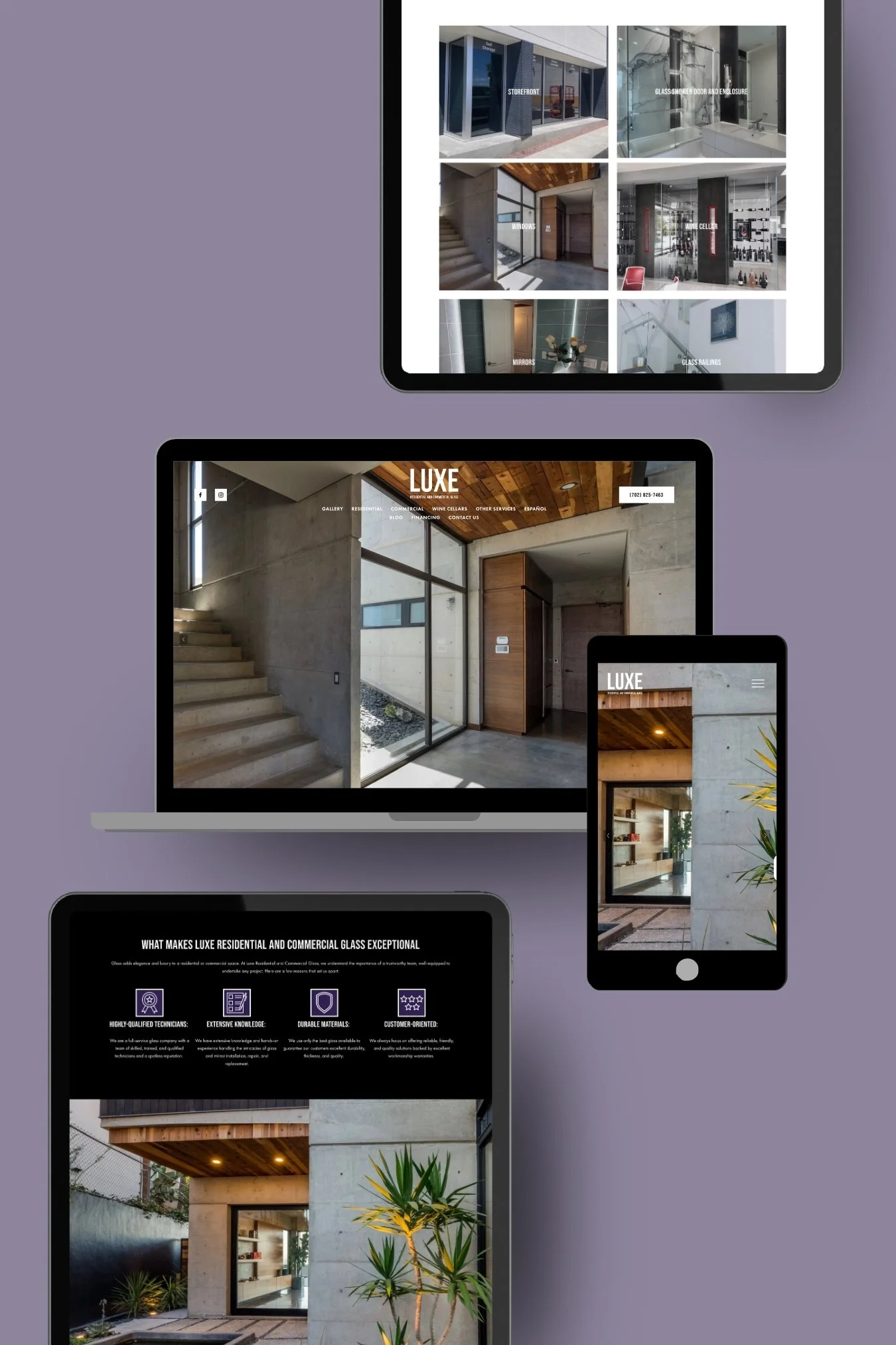 Multiple screens displaying a modern glass and concrete building and images of interior and exterior architecture.