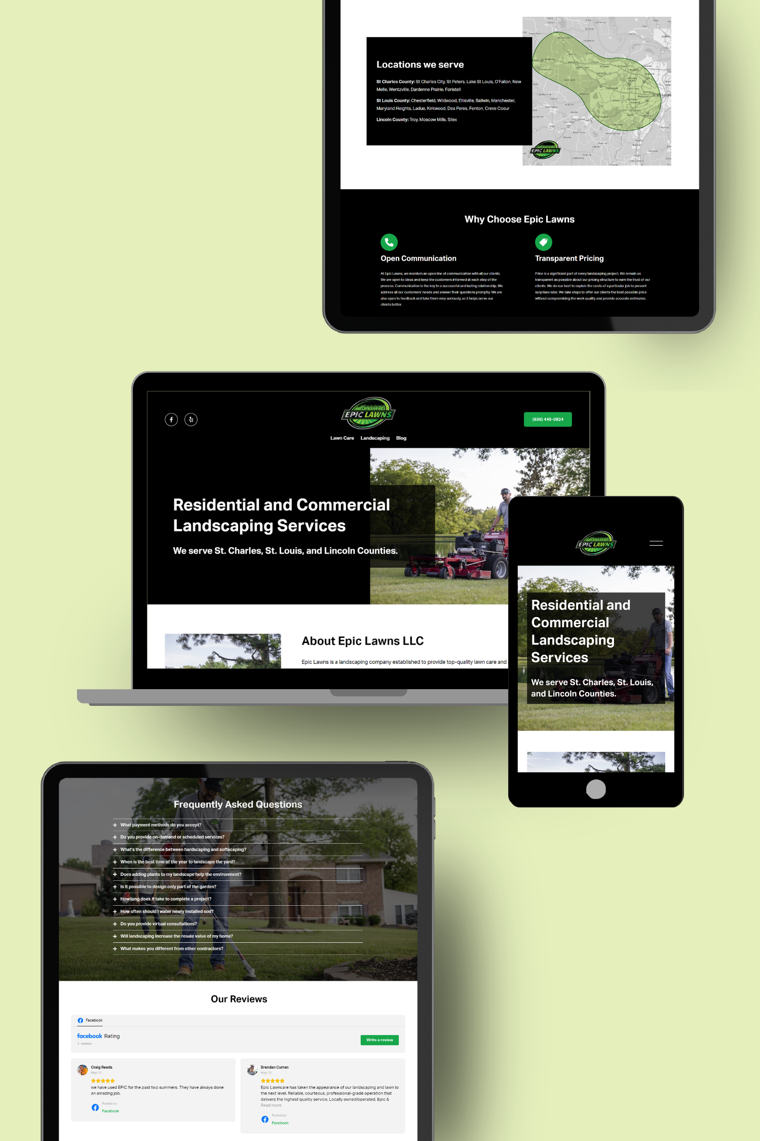 Multiple devices displaying a landscaping company's website, including a tablet showing the company’s services, a laptop with service details, and a smartphone with reviews.