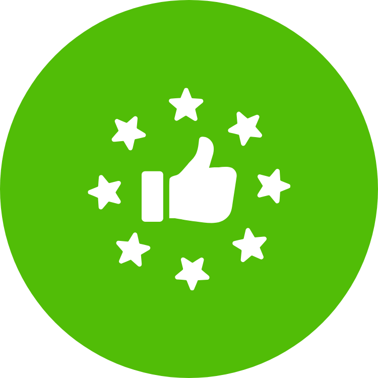 Green circular badge with a white thumbs-up icon in the center, surrounded by nine white stars.