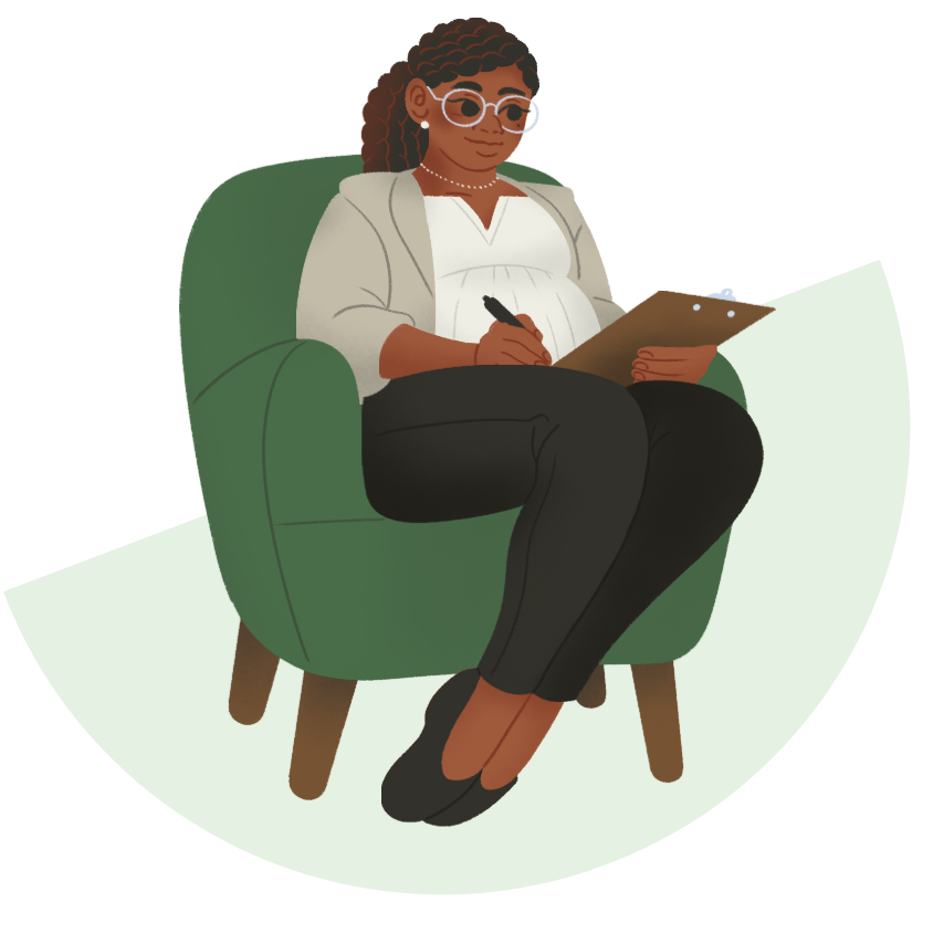 An illustrated woman sitting in a green armchair, writing on a clipboard, wearing glasses, a white top, gray jacket, and black pants.