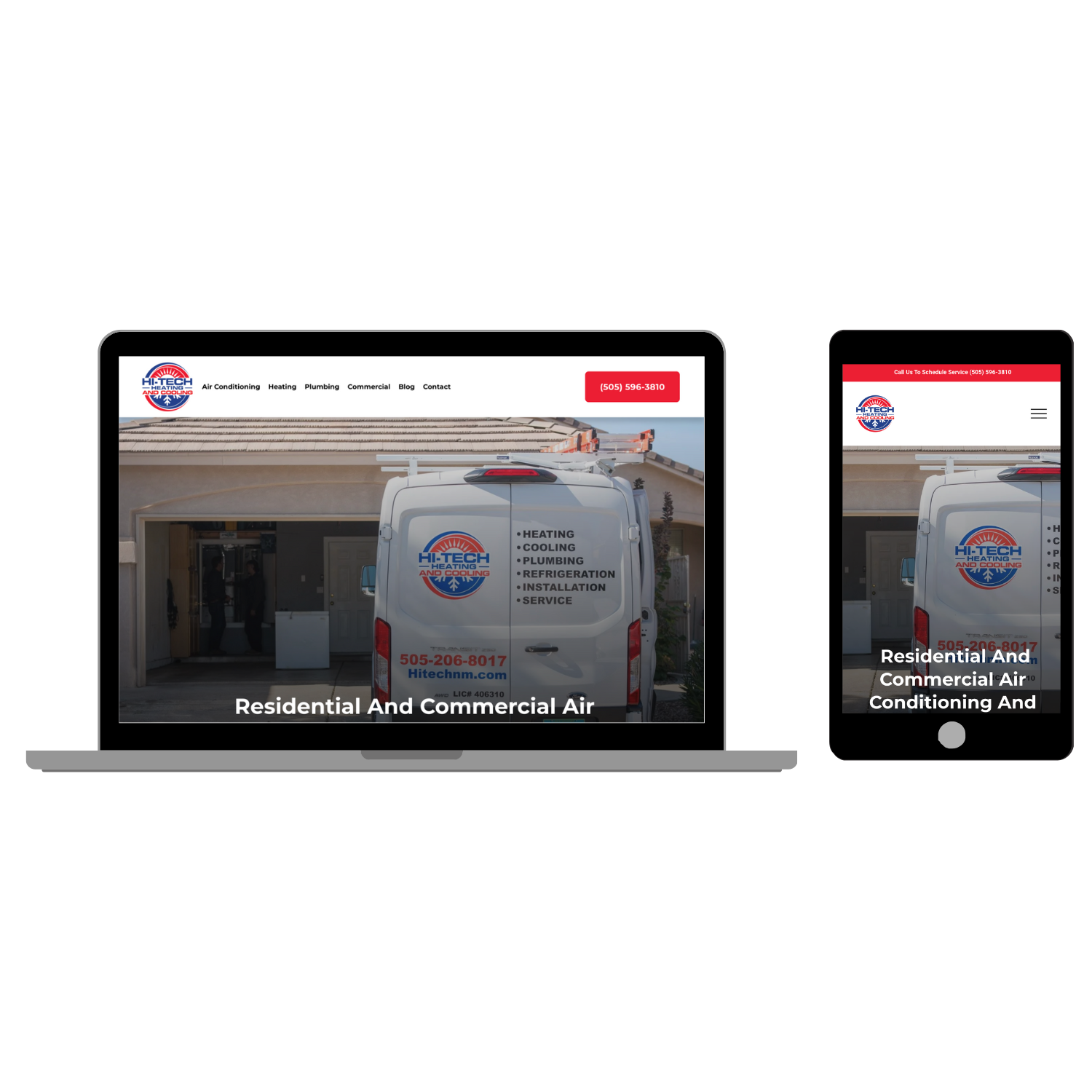Screenshot of an AC and Heating company's website displayed on a laptop and a mobile phone, showing a white service van with the company logo and contact information parked in front of a house.