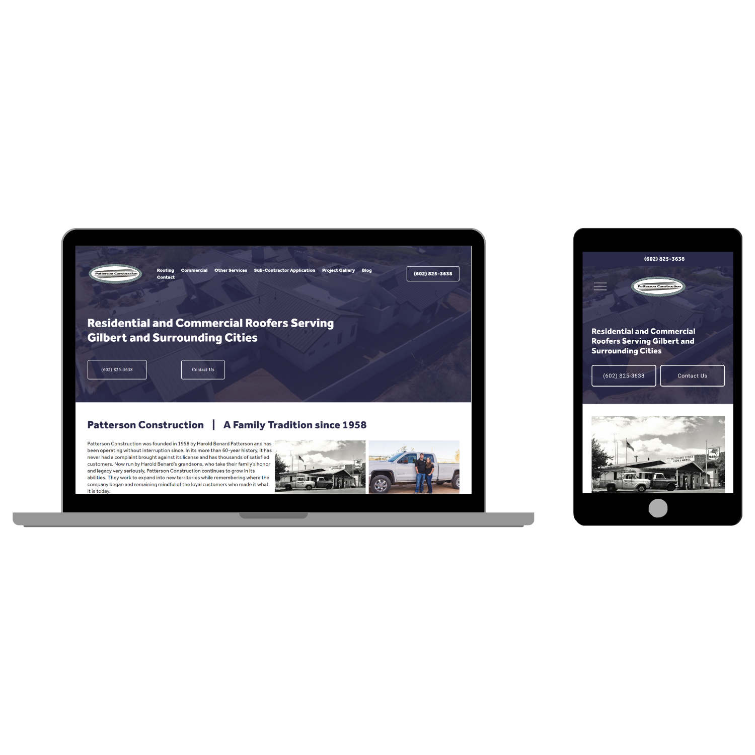 Website homepageon a laptop and mobile device, showing a dark blue header, company logo, contact info, navigation menu, and a main section with a headline about roofing services.