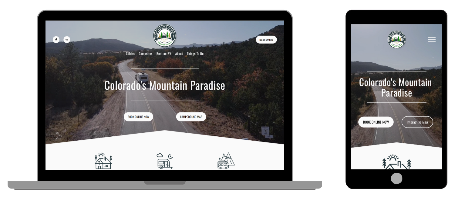 Website displayed on a laptop and smartphone, featuring a mountain landscape, with navigation options for cabins, campsites, renting an RV, and things to do. The site includes buttons for booking online and viewing campground maps.