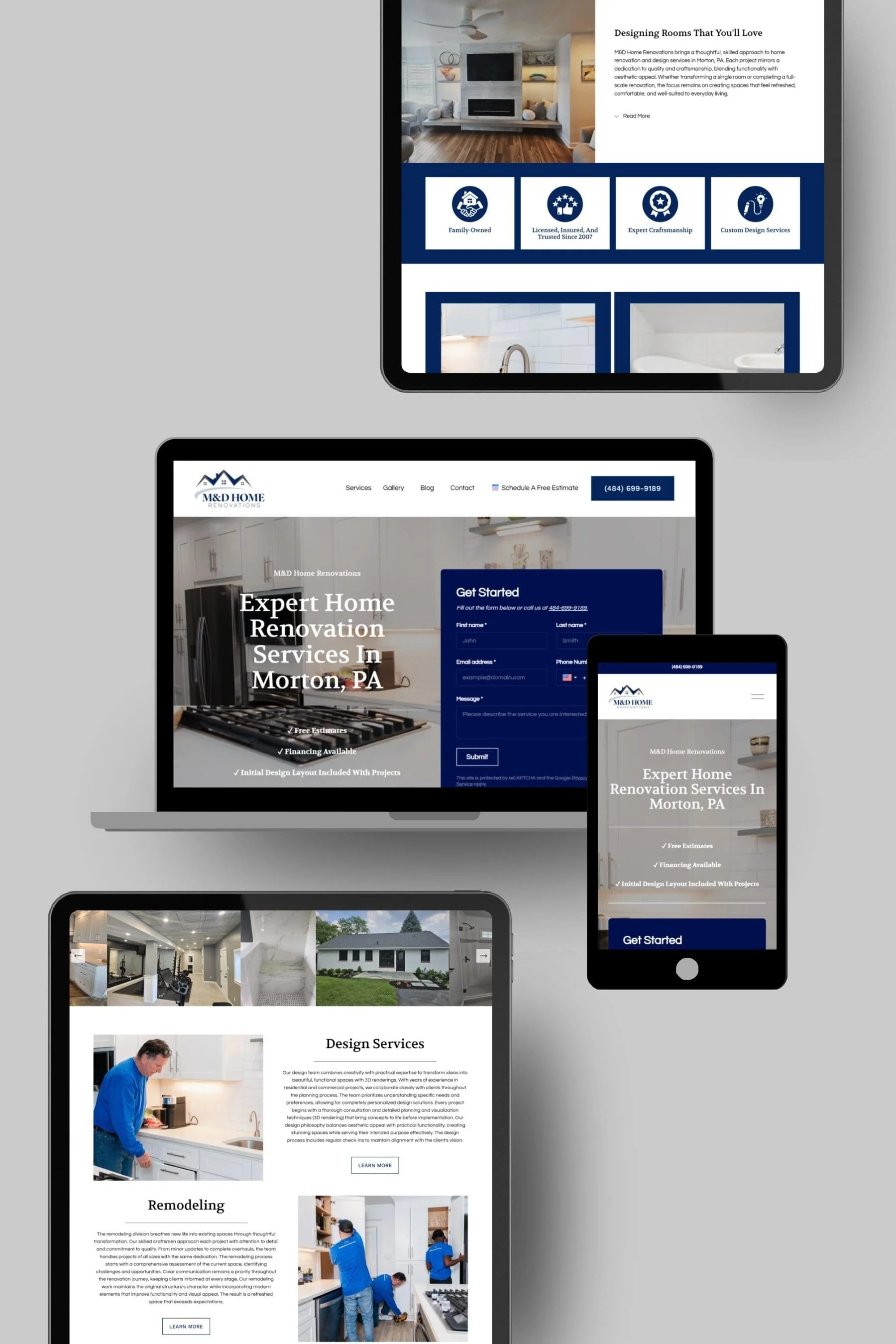 Screenshots of a home renovation company's website displayed on various devices, including tablets and a laptop, showcasing services, gallery, blog, and contact information.