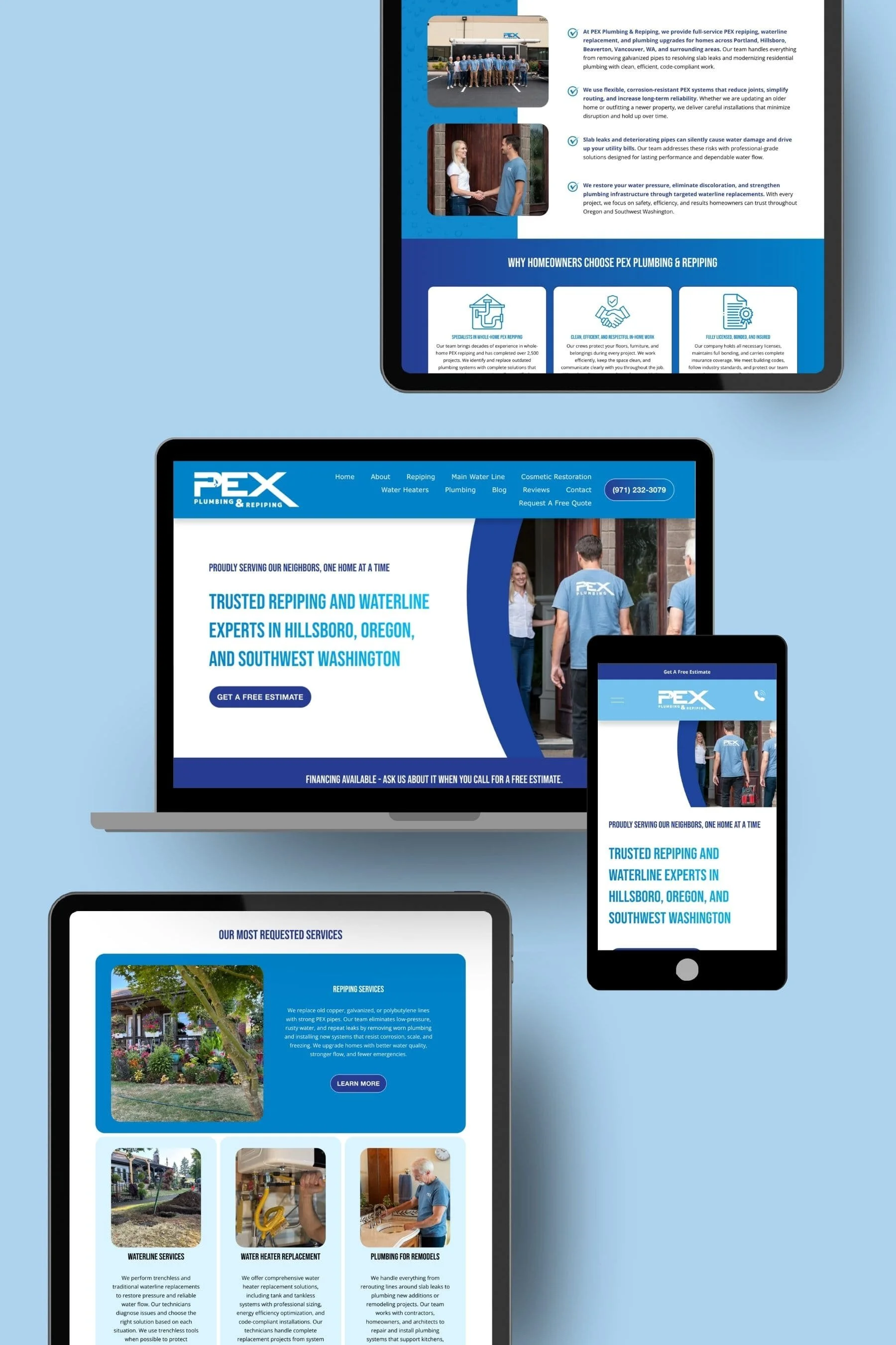 A digital collage showcasing multiple screens with a plumbing company's website, including a tablet, laptop, smartphone, and a printed flyer, all displaying the company's branding and services.