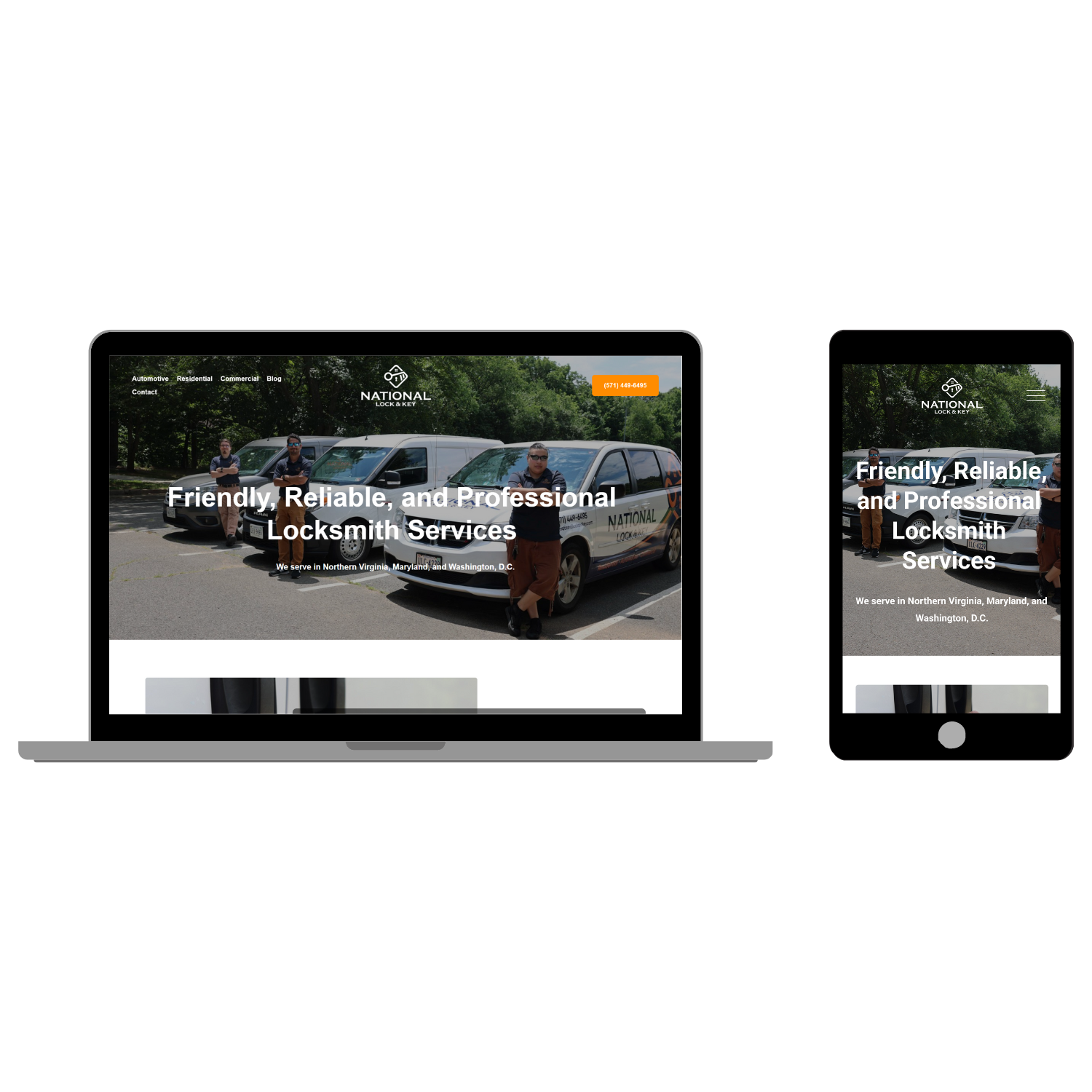 Website homepage displayed on a laptop and a tablet showing locksmith service company, with text 'Friendly, Reliable, and Professional Locksmith Services' and an image of locksmith staff with service vehicles.
