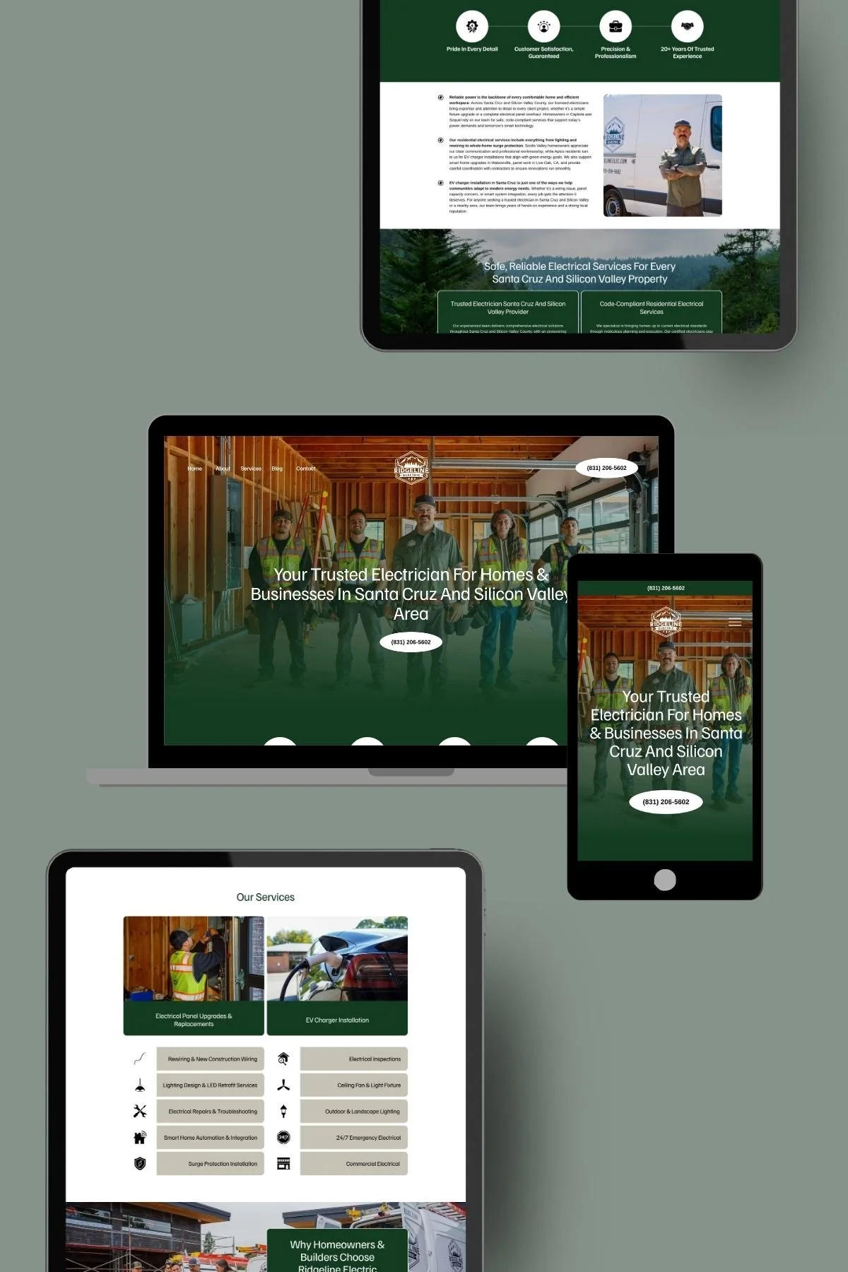 A website displayed on various devices promoting electrical services. The website features images of electricians, tools, and electrical equipment, with text highlighting reliable electrical services for homes and businesses.